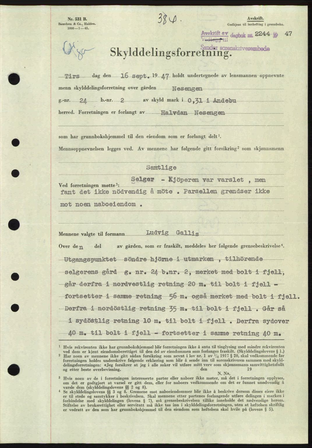 Jarlsberg sorenskriveri, AV/SAKO-A-131/G/Ga/Gaa/L0023: Mortgage book no. A-23, 1947-1947, Diary no: : 2244/1947