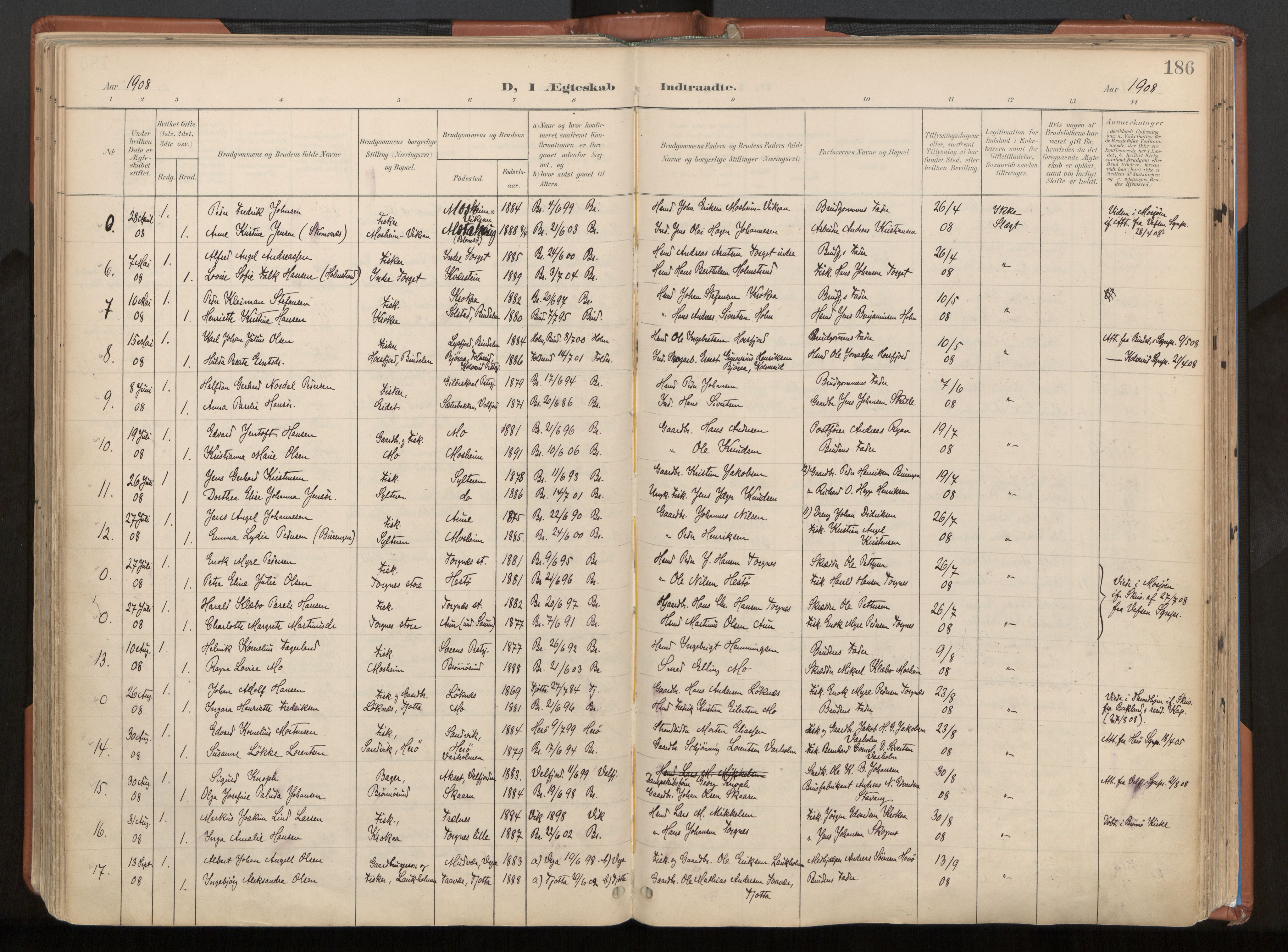 Ministerialprotokoller, klokkerbøker og fødselsregistre - Nordland, SAT/A-1459/813/L0201: Parish register (official) no. 813A11, 1901-1918, p. 186