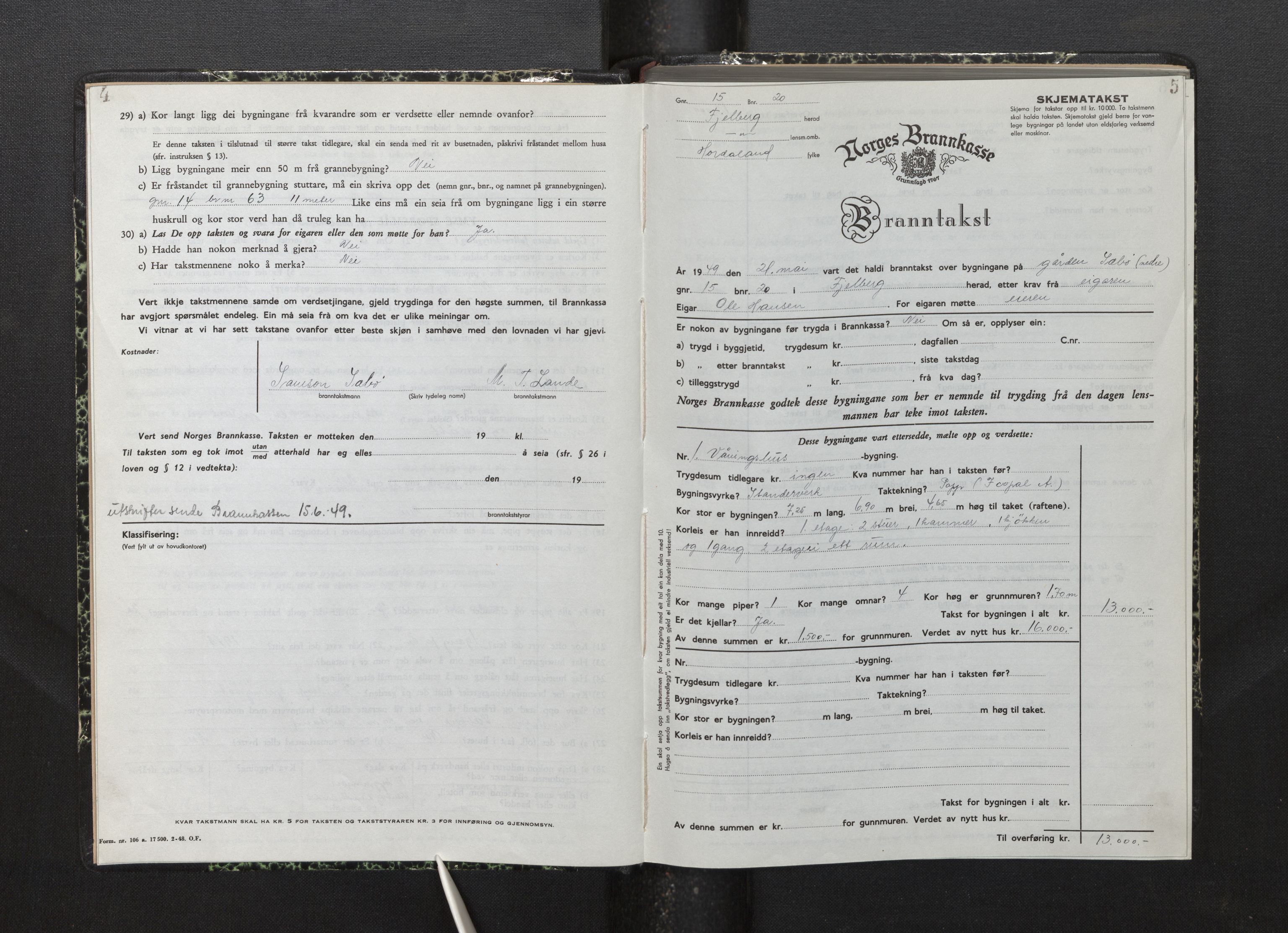 Lensmannen i Fjelberg, AV/SAB-A-32101/0012/L0008: Branntakstprotokoll, skjematakst, 1949-1955, p. 4-5