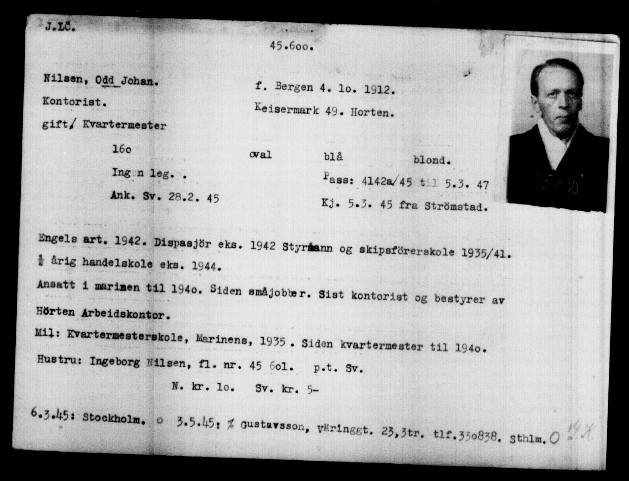 Utenriksstasjonene, Legasjonen i Stockholm, Flyktningkontoret, AV/RA-S-6753/V/Va/L0017: Kjesäterkartoteket, flyktninger med registreringsnr. 43400-46318, 1940-1945, p. 2287