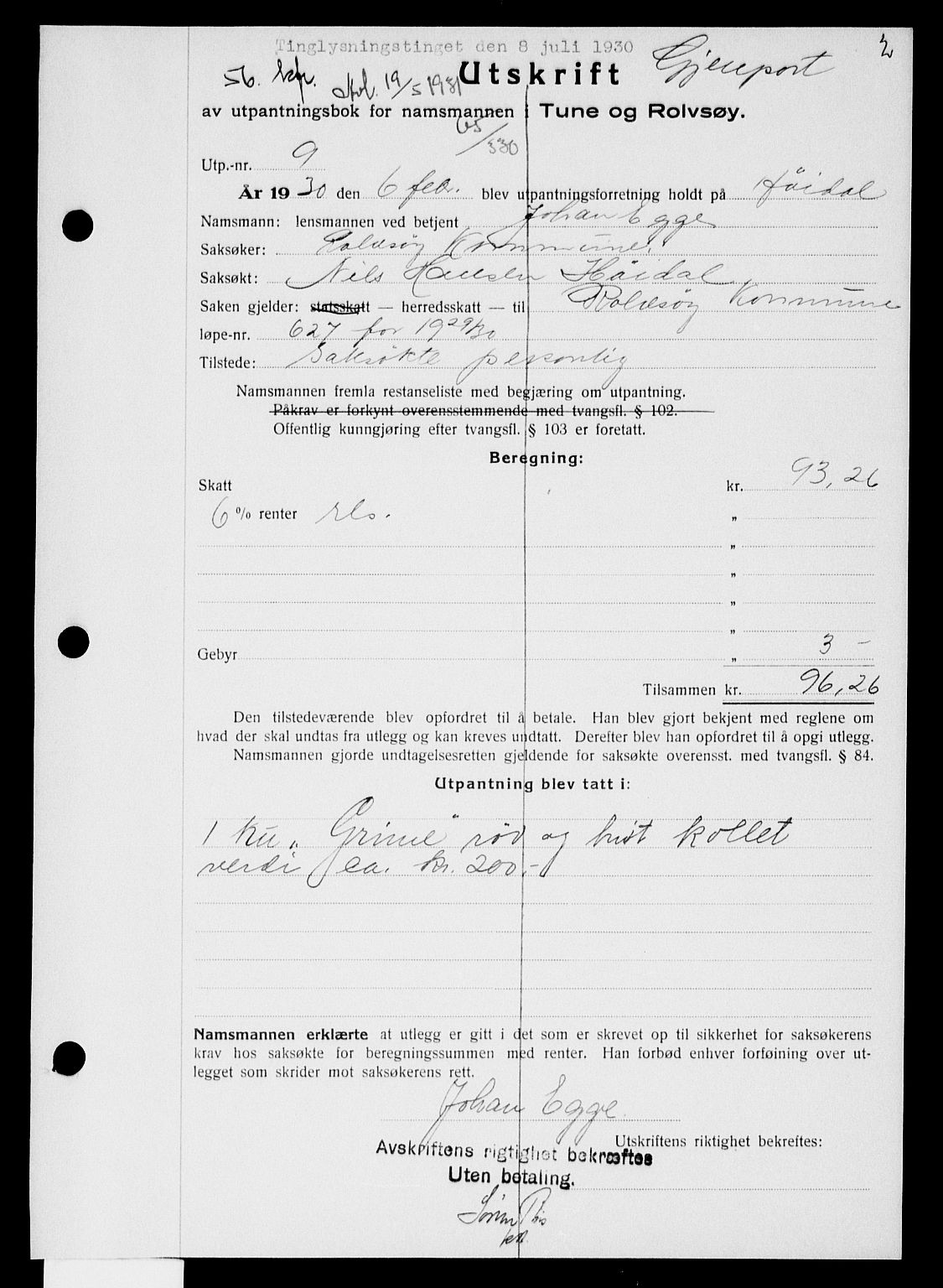 Onsøy sorenskriveri, SAO/A-10474/G/Ga/Gaa/L0064: Mortgage book no. I 64, 1930-1930, p. 2