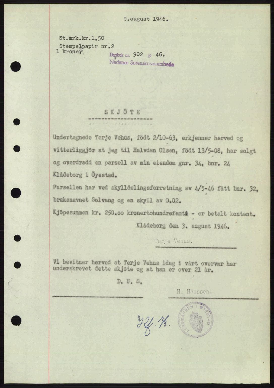Nedenes sorenskriveri, SAK/1221-0006/G/Gb/Gba/L0055: Mortgage book no. A7, 1946-1946, Diary no: : 902/1946