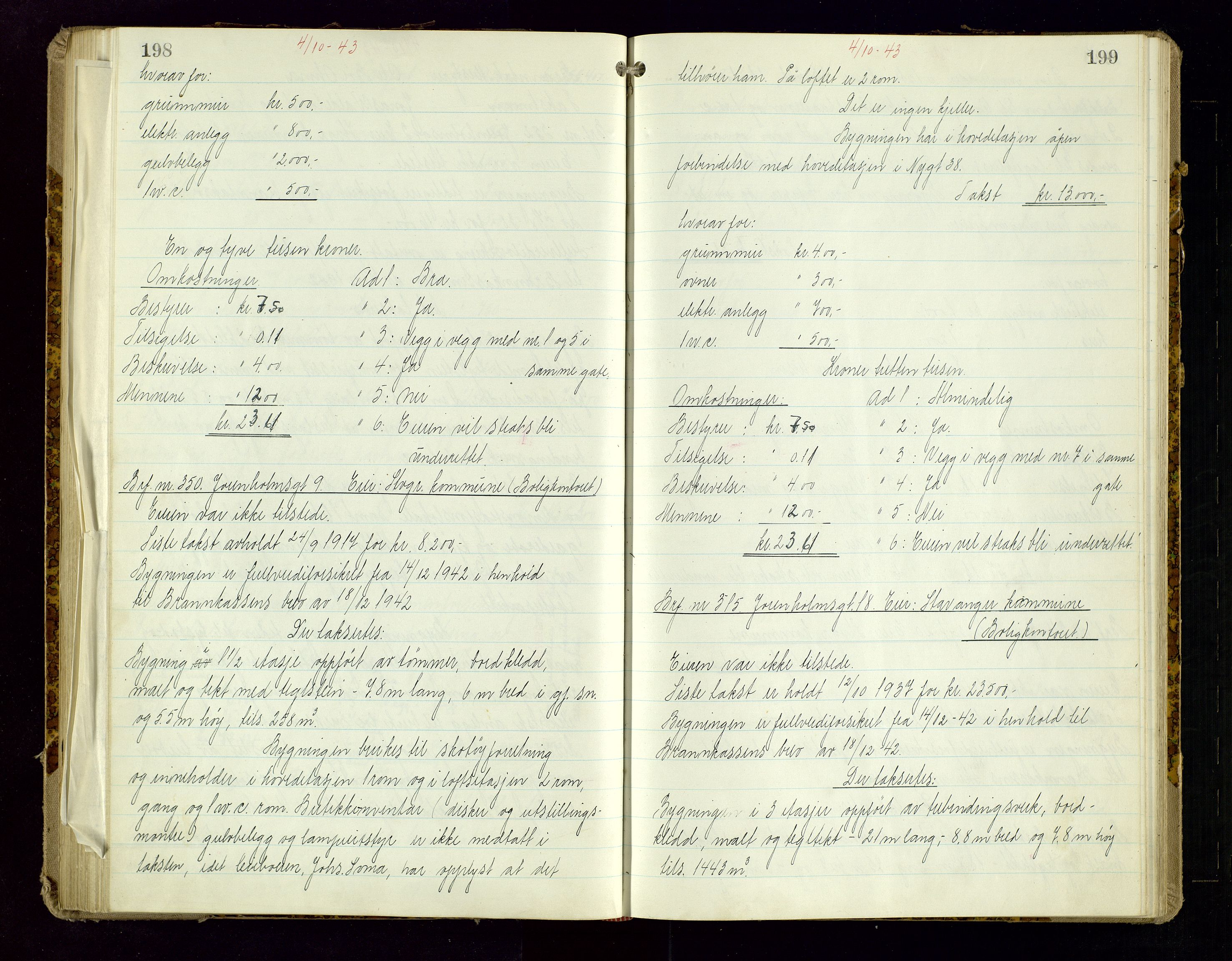 Norges Brannkasse Stavanger, AV/SAST-A-102143/F/Fd/L0029: Branntaksprotokoll nr. 40, 1943-1944, p. 198-199