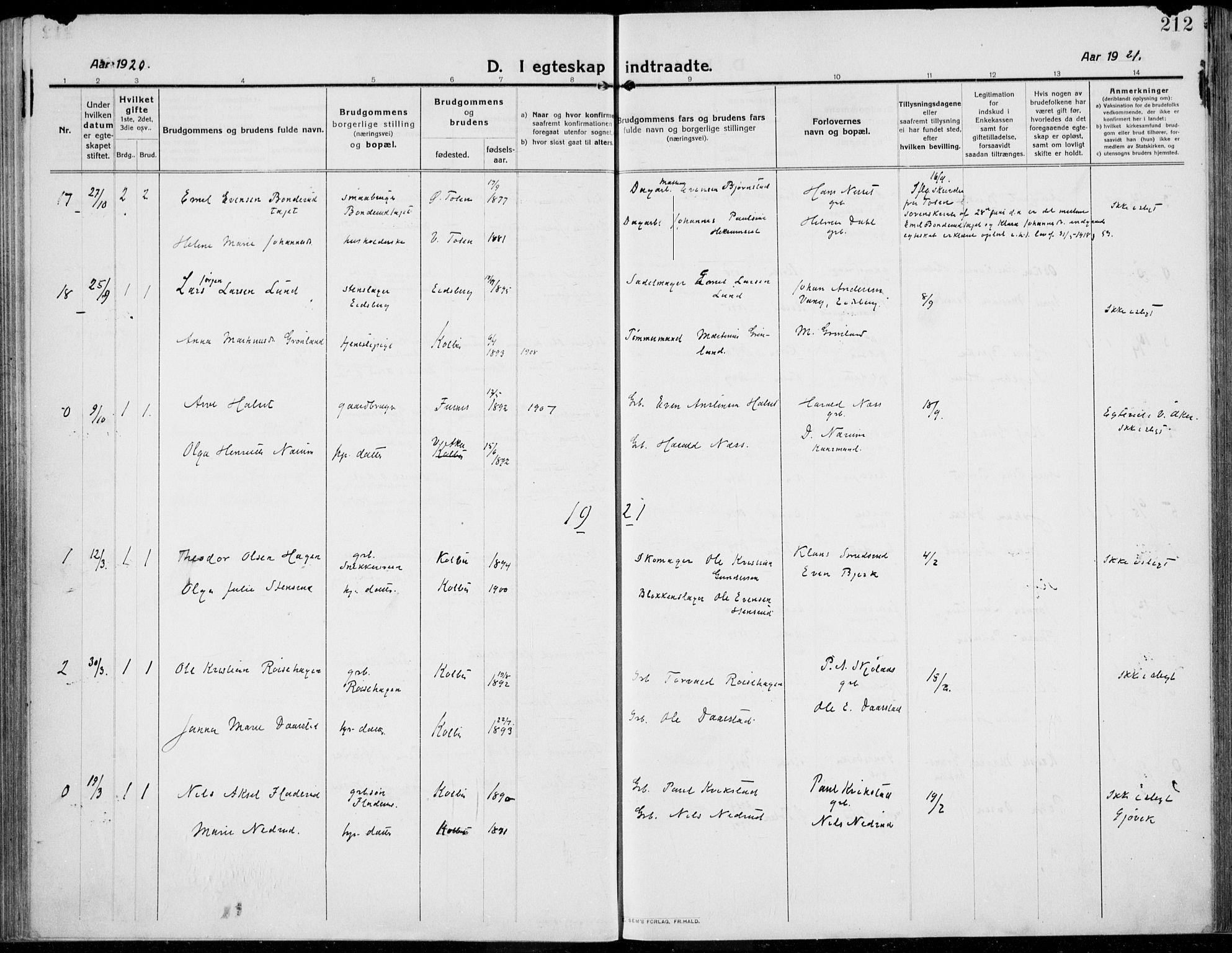Kolbu prestekontor, SAH/PREST-110/H/Ha/Haa/L0002: Parish register (official) no. 2, 1912-1926, p. 212