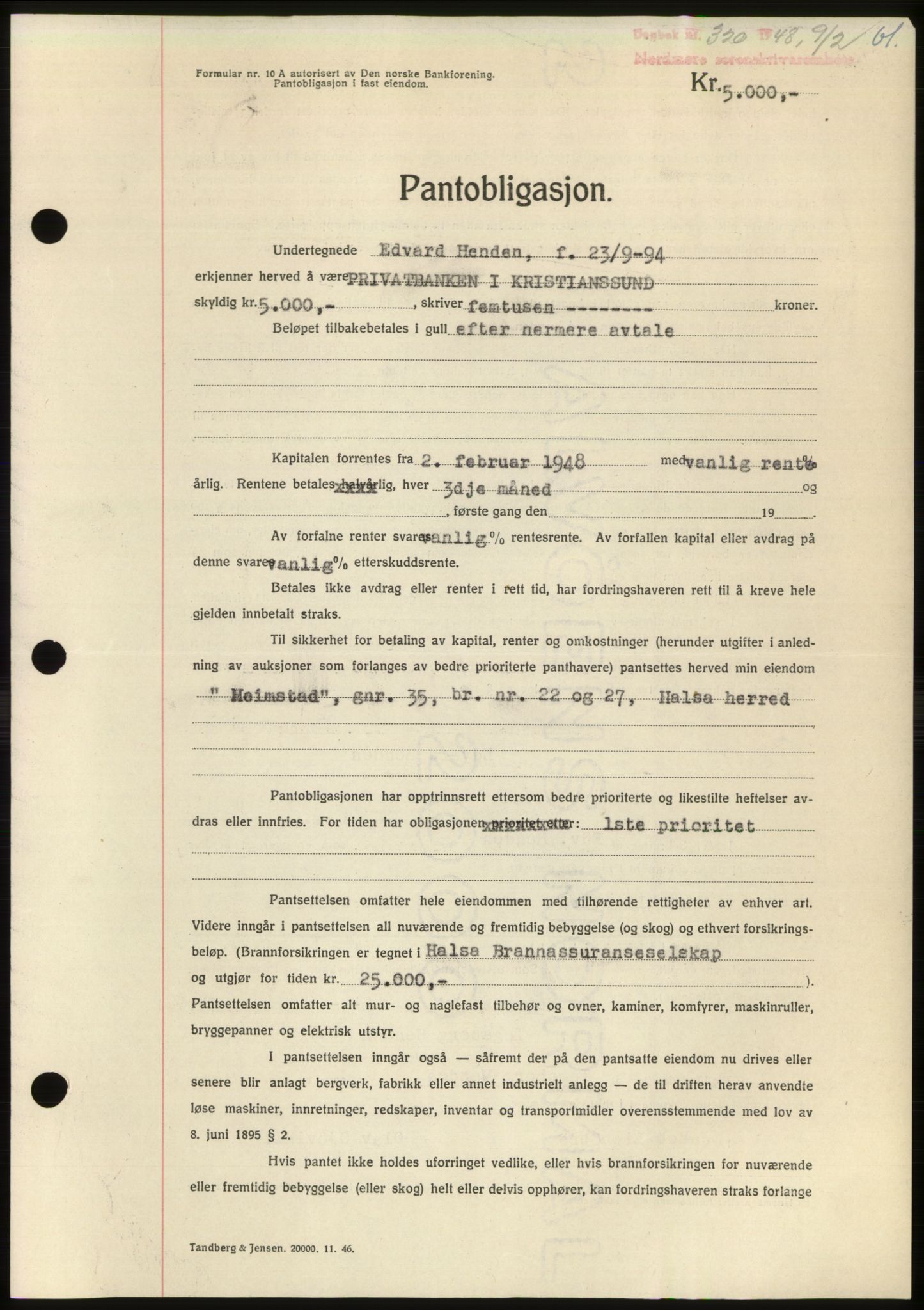 Nordmøre sorenskriveri, AV/SAT-A-4132/1/2/2Ca: Mortgage book no. B98, 1948-1948, Diary no: : 320/1948