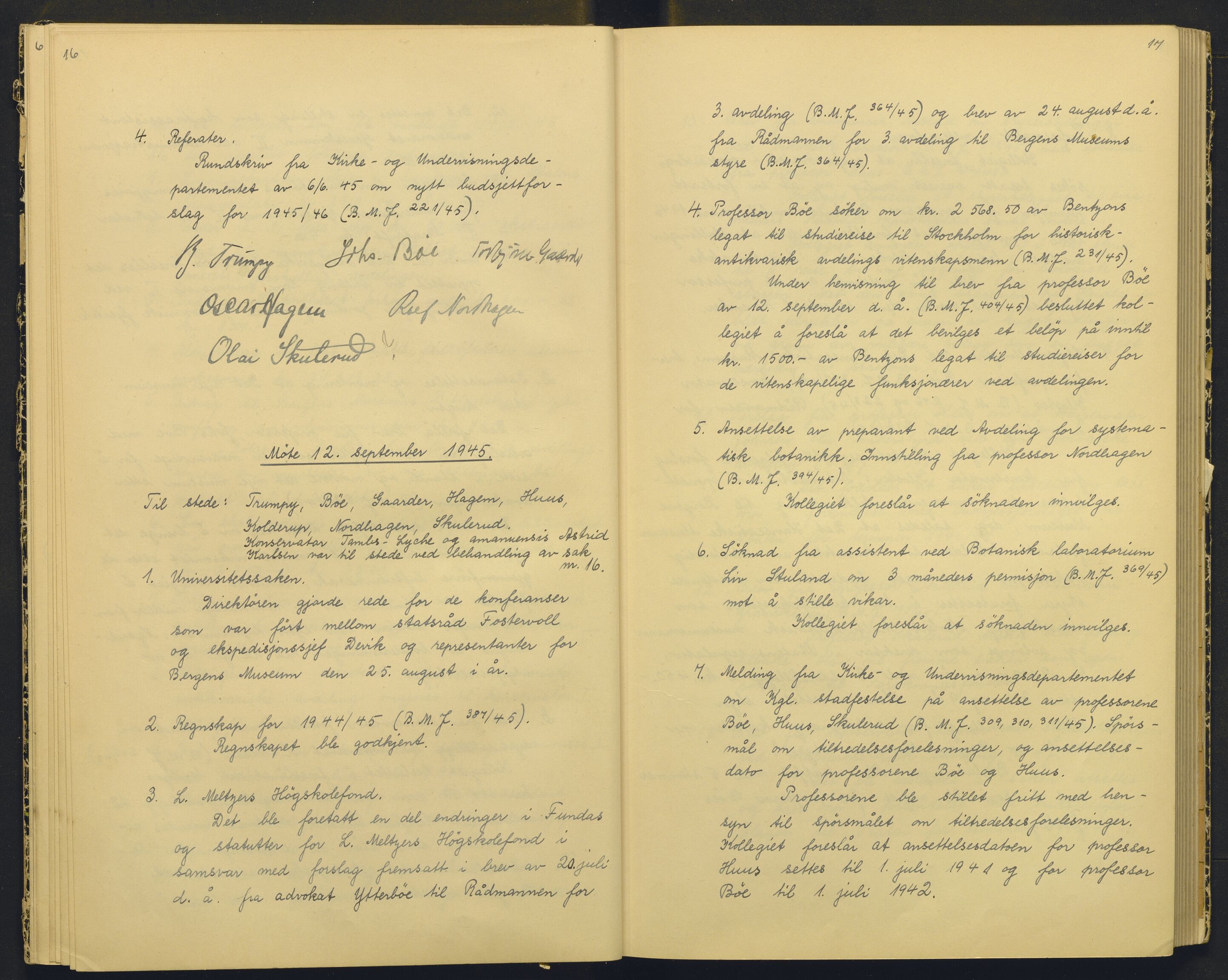 Bergens Museum, AV/SAB-A-17301/18/A/L0004: Professorkollegiets møtebok med register , 1945-1949, p. 16-17