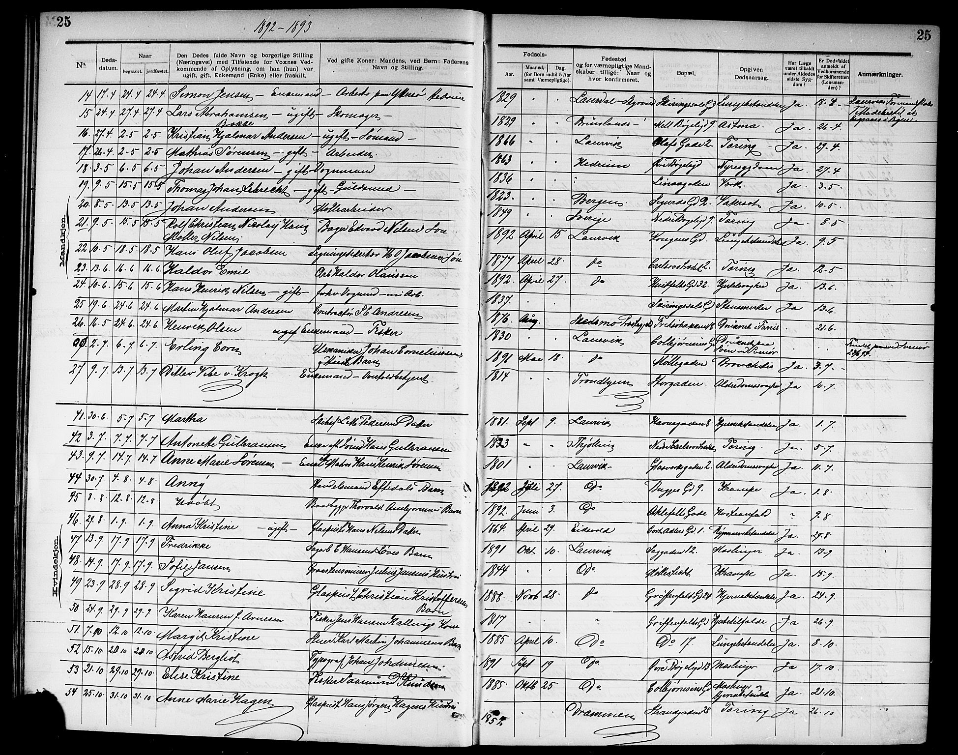 Larvik kirkebøker, SAKO/A-352/G/Ga/L0007: Parish register (copy) no. I 7, 1888-1918, p. 25