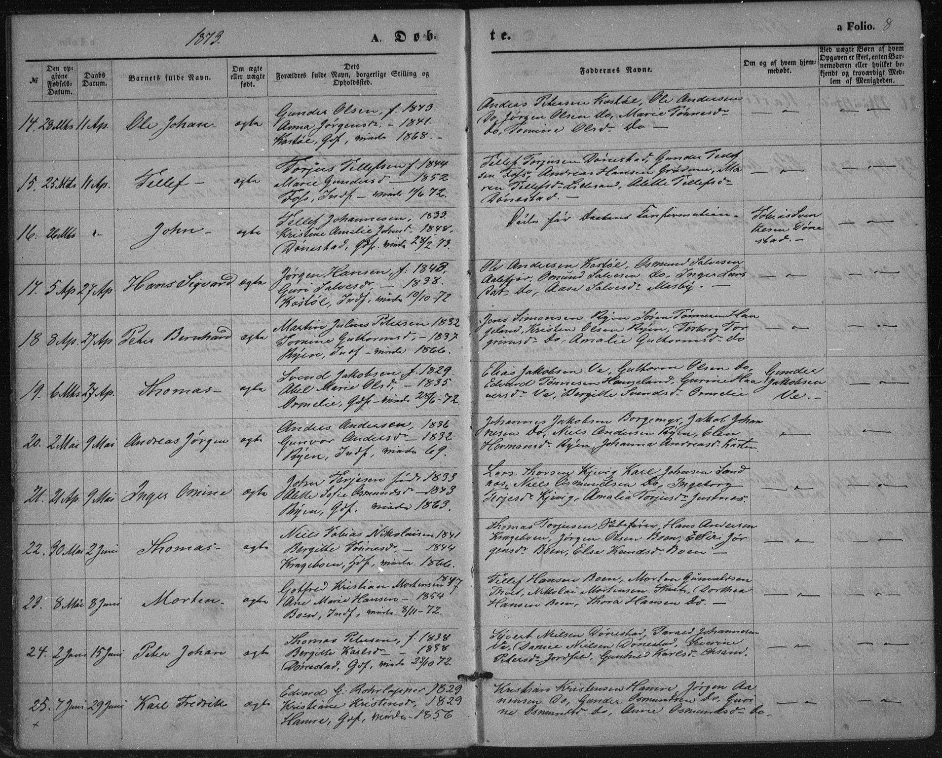 Tveit sokneprestkontor, AV/SAK-1111-0043/F/Fa/L0006: Parish register (official) no. A 6, 1872-1886, p. 8