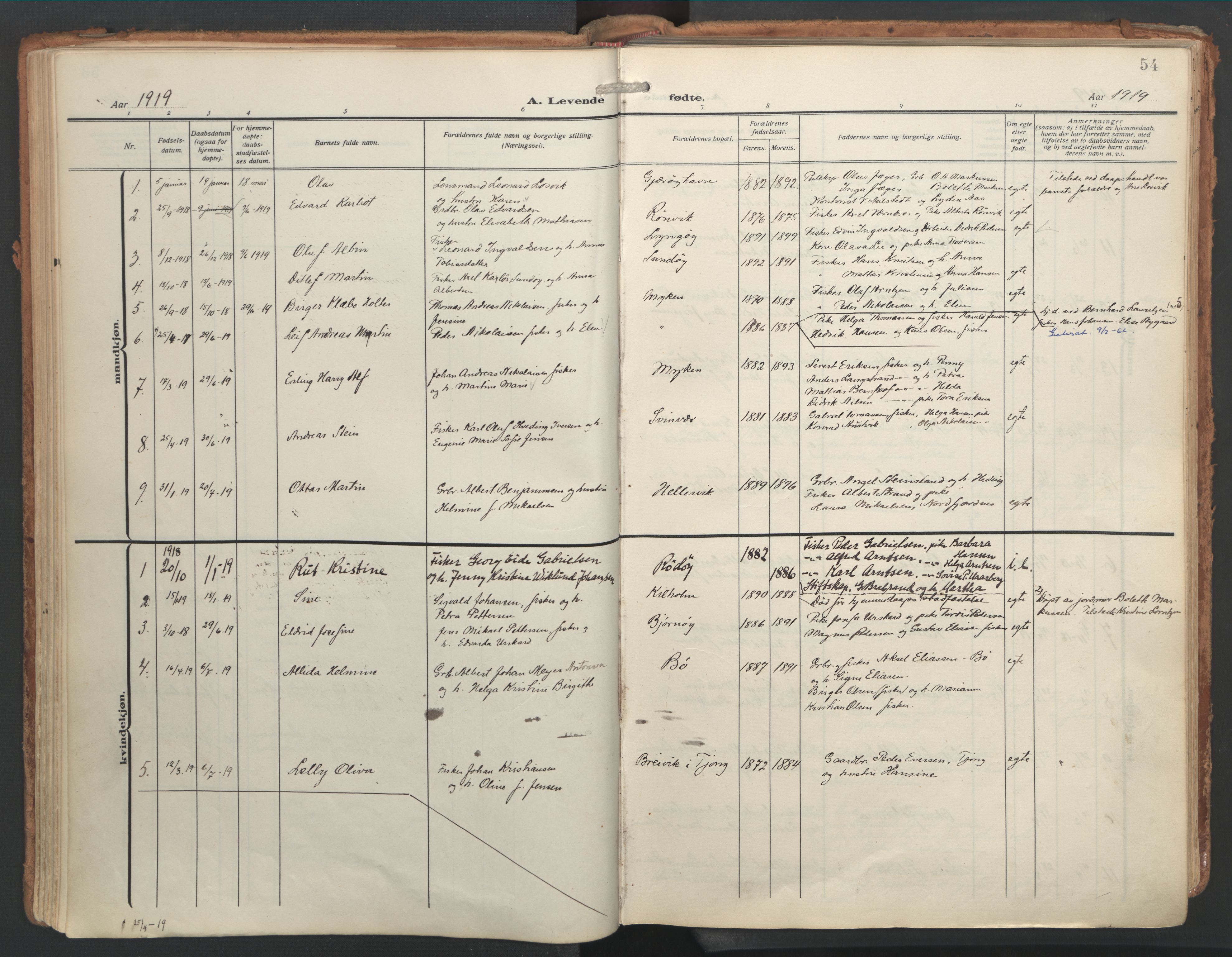 Ministerialprotokoller, klokkerbøker og fødselsregistre - Nordland, AV/SAT-A-1459/841/L0614: Parish register (official) no. 841A17, 1911-1925, p. 54