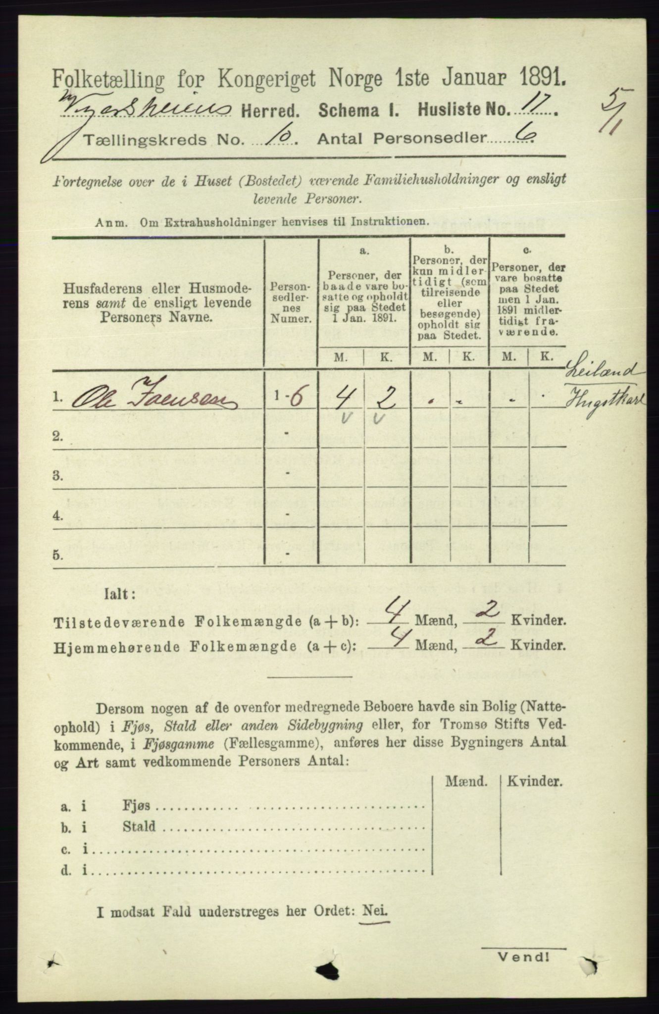 RA, 1891 census for 0912 Vegårshei, 1891, p. 1895