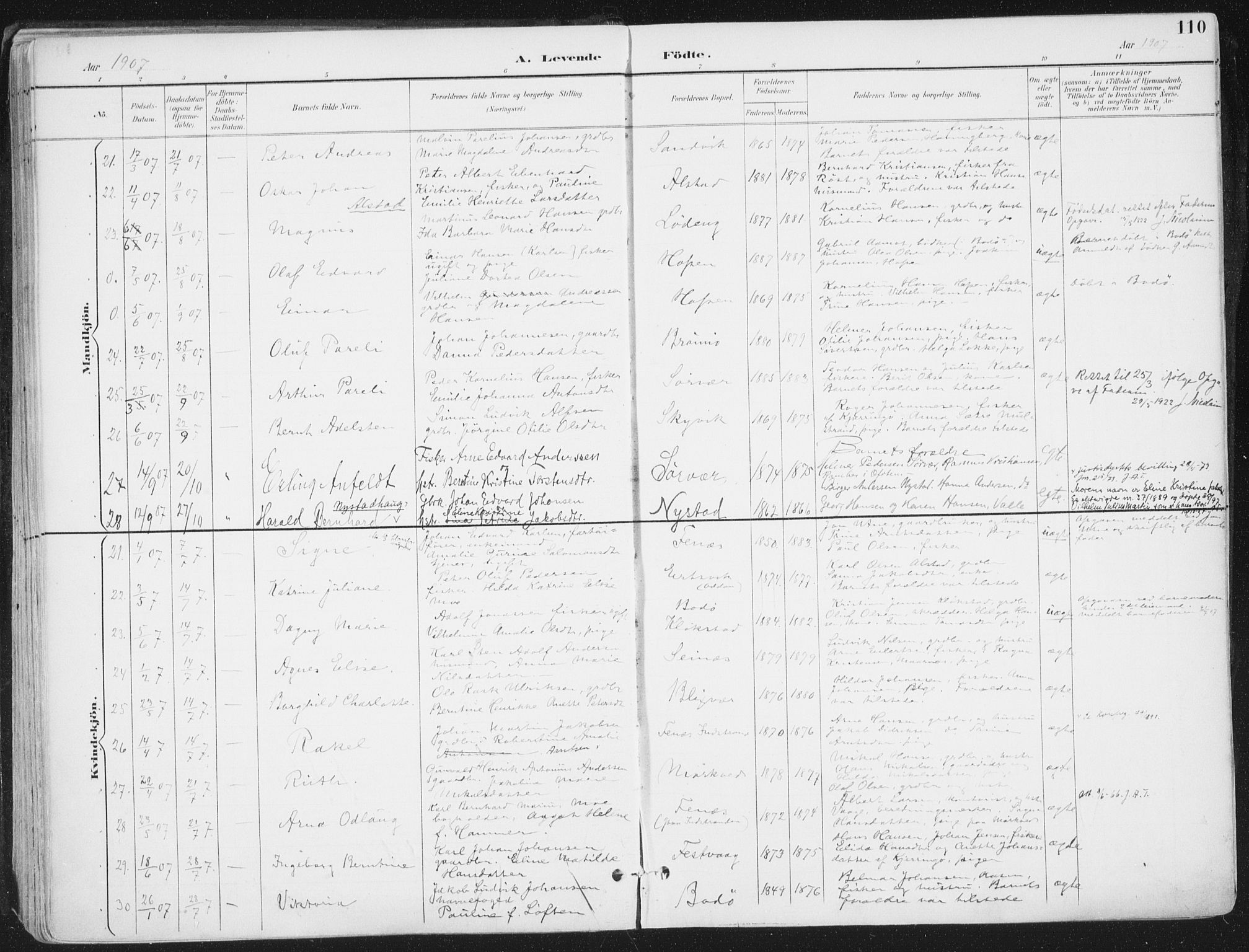 Ministerialprotokoller, klokkerbøker og fødselsregistre - Nordland, SAT/A-1459/802/L0055: Parish register (official) no. 802A02, 1894-1915, p. 110