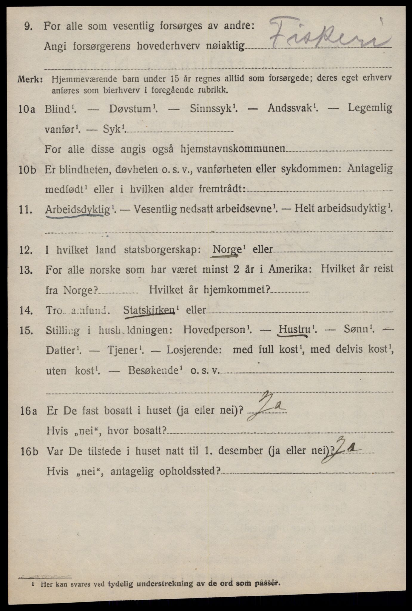 SAT, 1920 census for Hopen, 1920, p. 1261