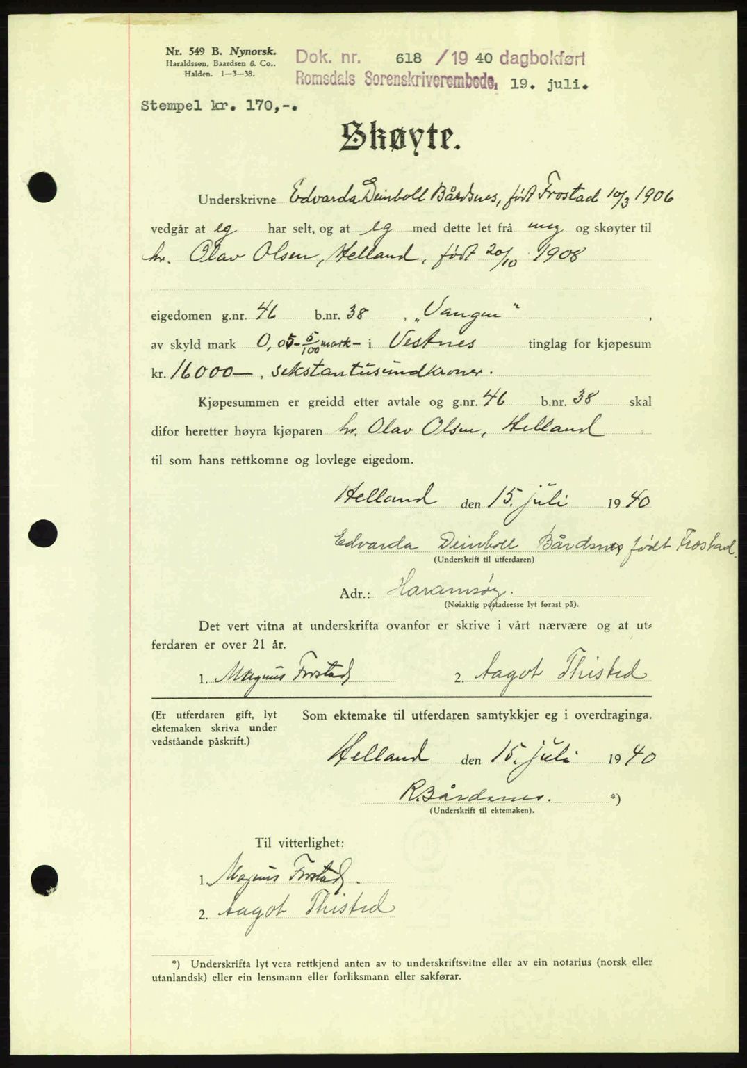 Romsdal sorenskriveri, AV/SAT-A-4149/1/2/2C: Mortgage book no. A8, 1939-1940, Diary no: : 618/1940