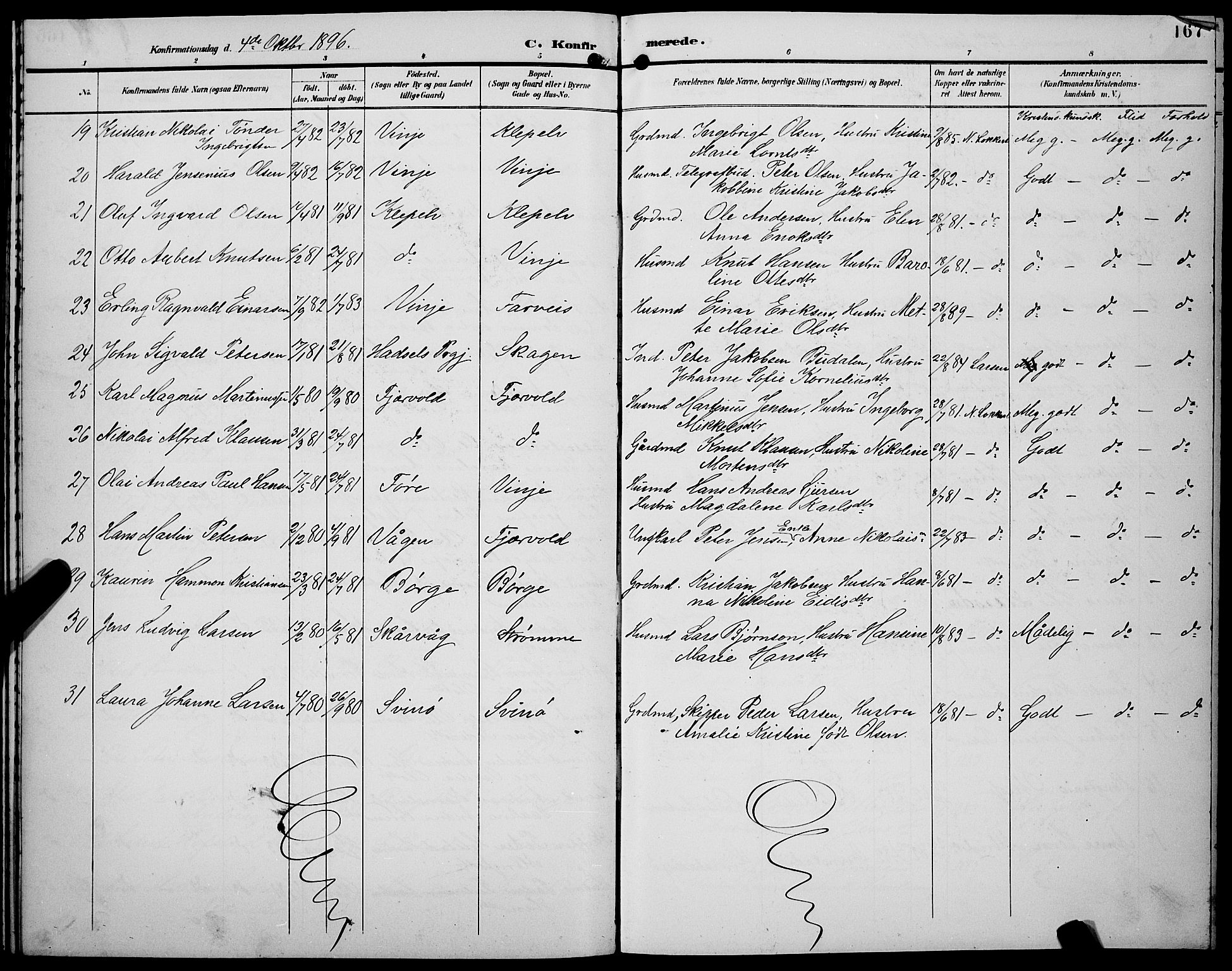 Ministerialprotokoller, klokkerbøker og fødselsregistre - Nordland, AV/SAT-A-1459/891/L1316: Parish register (copy) no. 891C05, 1894-1898, p. 167