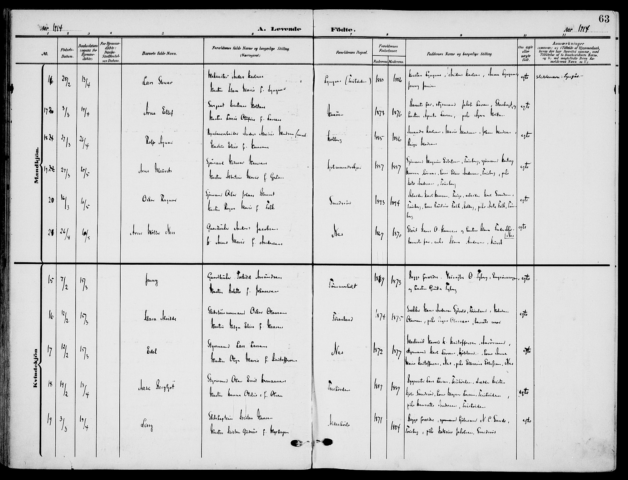 Nøtterøy kirkebøker, AV/SAKO-A-354/F/Fa/L0010: Parish register (official) no. I 10, 1908-1919, p. 63