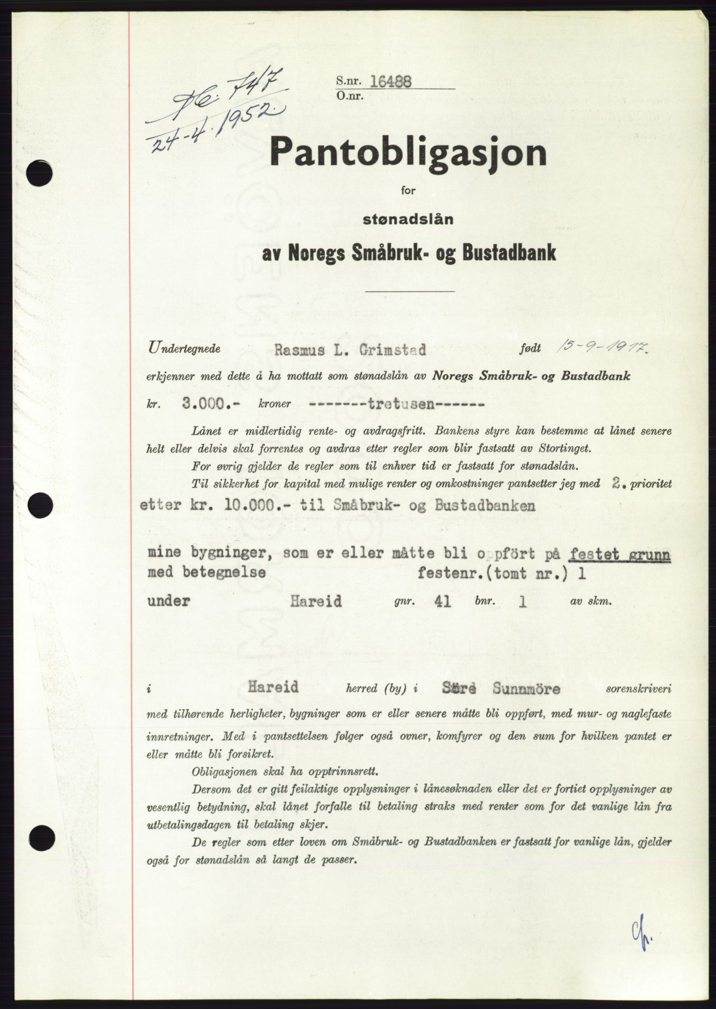 Søre Sunnmøre sorenskriveri, AV/SAT-A-4122/1/2/2C/L0121: Mortgage book no. 9B, 1951-1952, Diary no: : 747/1952