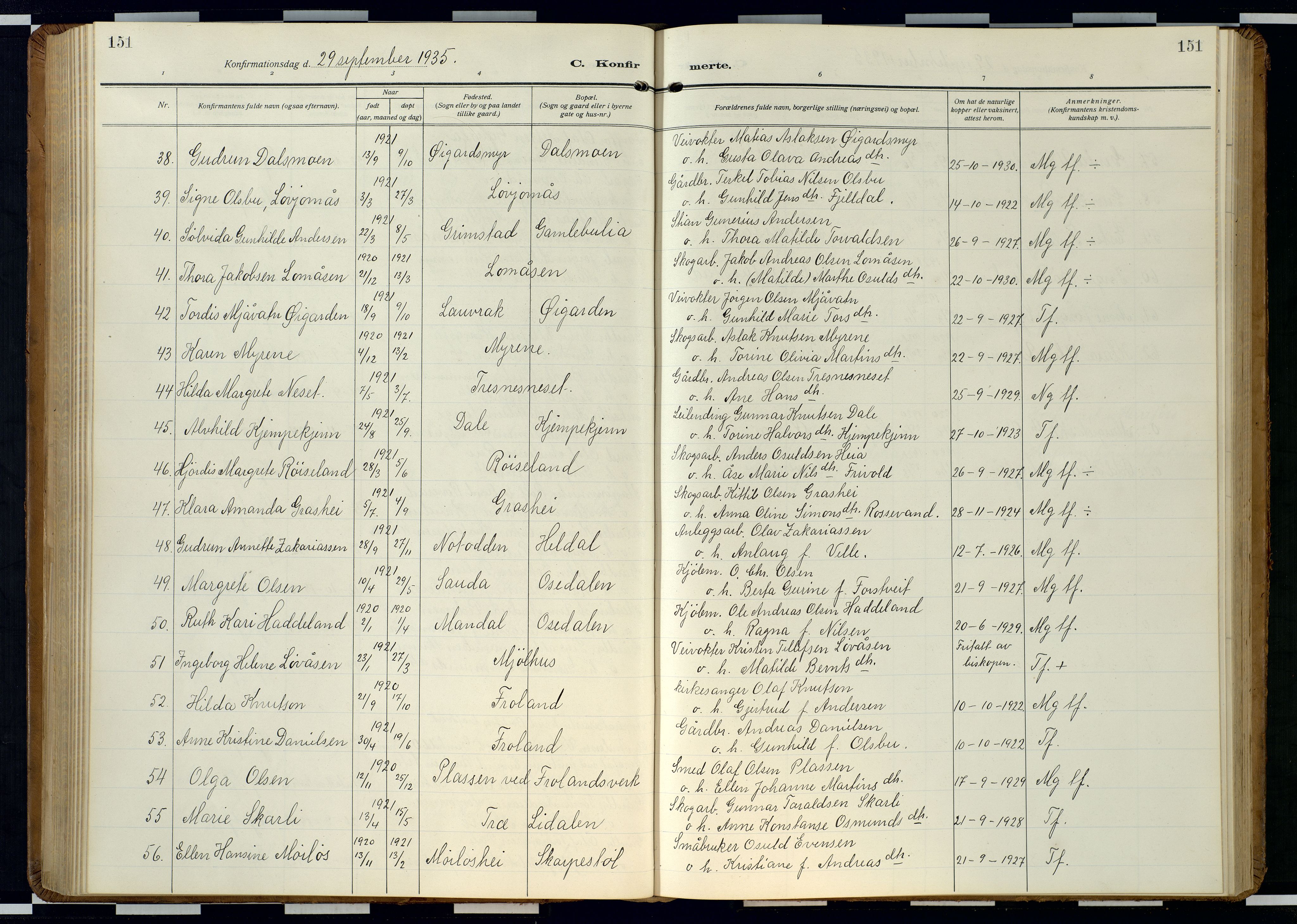 Froland sokneprestkontor, AV/SAK-1111-0013/F/Fb/L0011: Parish register (copy) no. B 11, 1921-1947, p. 151