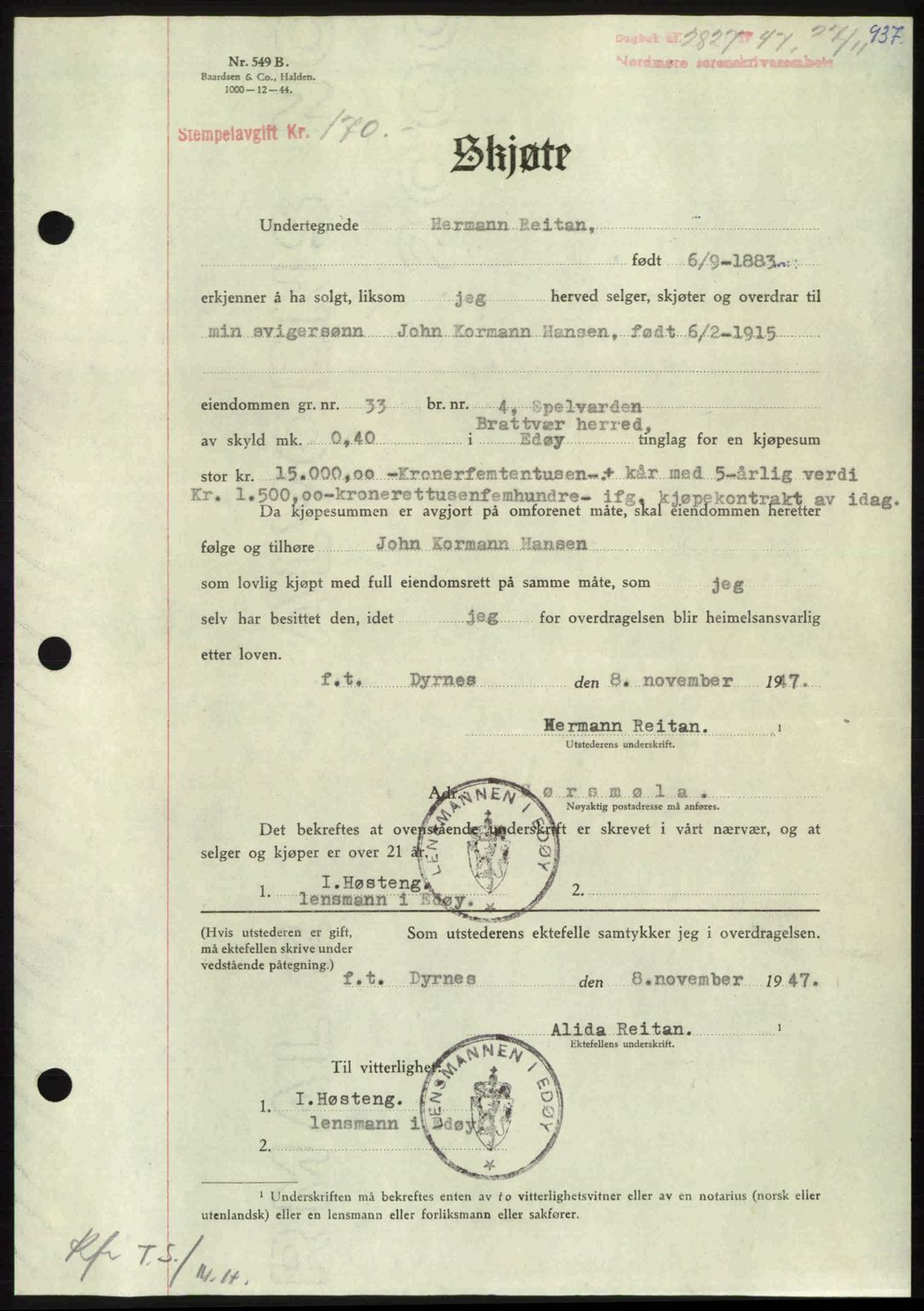 Nordmøre sorenskriveri, AV/SAT-A-4132/1/2/2Ca: Mortgage book no. A106, 1947-1947, Diary no: : 2827/1947