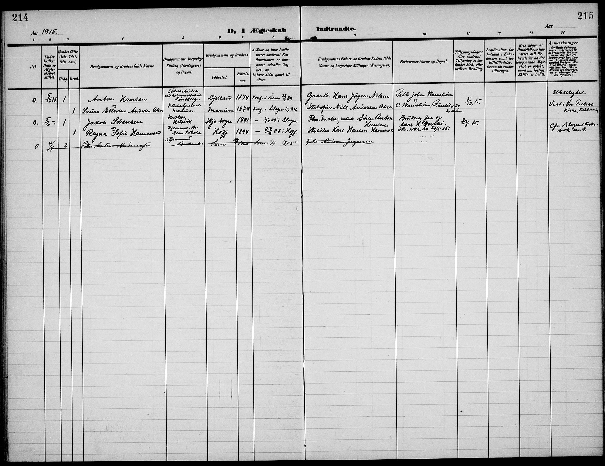 Sem kirkebøker, AV/SAKO-A-5/F/Fa/L0012: Parish register (official) no. I 12, 1905-1915, p. 214-215