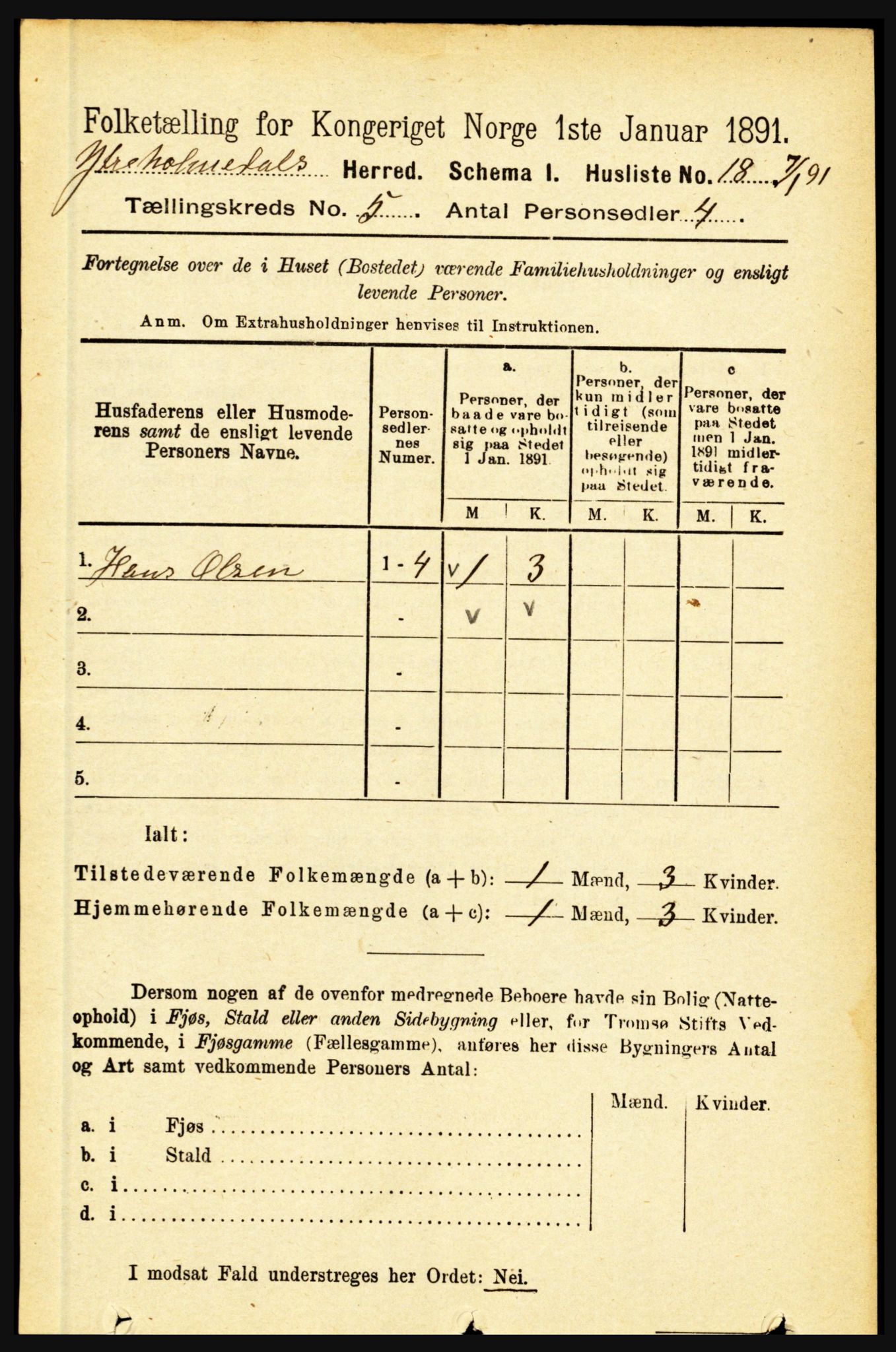 RA, 1891 census for 1429 Ytre Holmedal, 1891, p. 1136