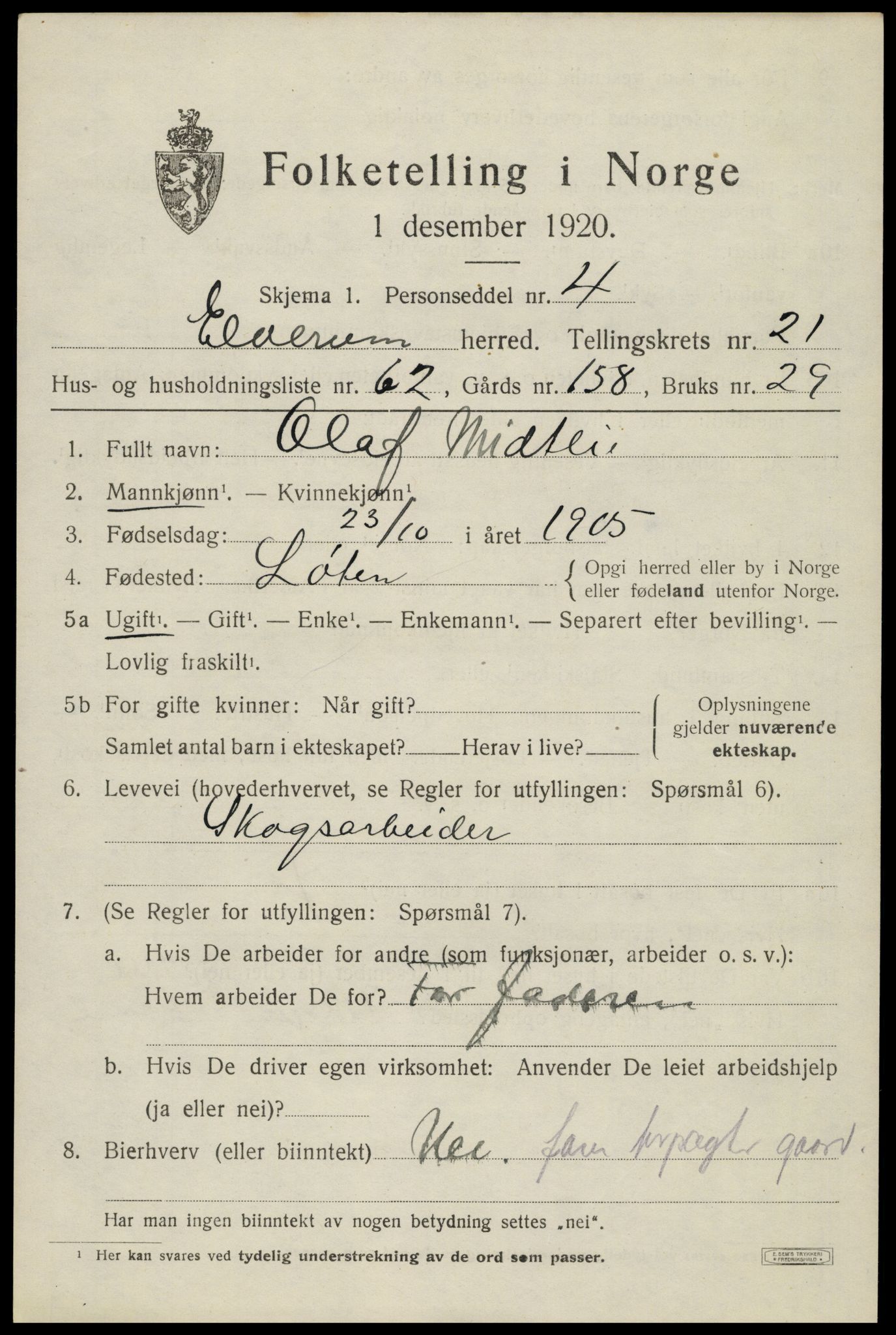 SAH, 1920 census for Elverum, 1920, p. 24540