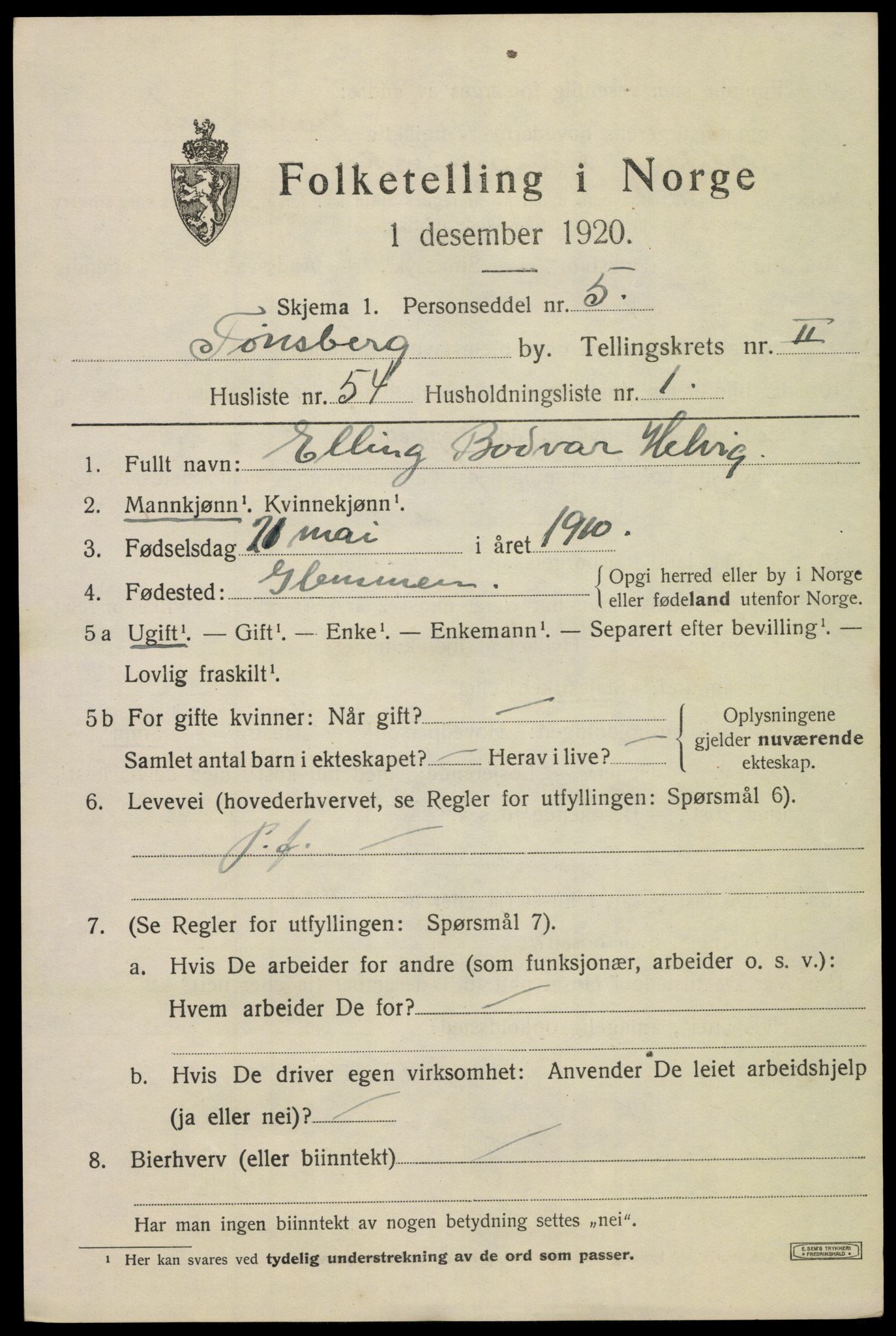 SAKO, 1920 census for Tønsberg, 1920, p. 10861