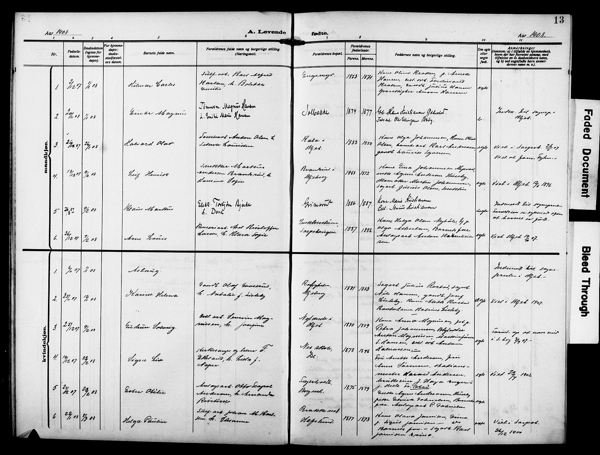 Skjeberg prestekontor Kirkebøker, AV/SAO-A-10923/G/Gd/L0001: Parish register (copy) no. IV 1, 1907-1917, p. 13