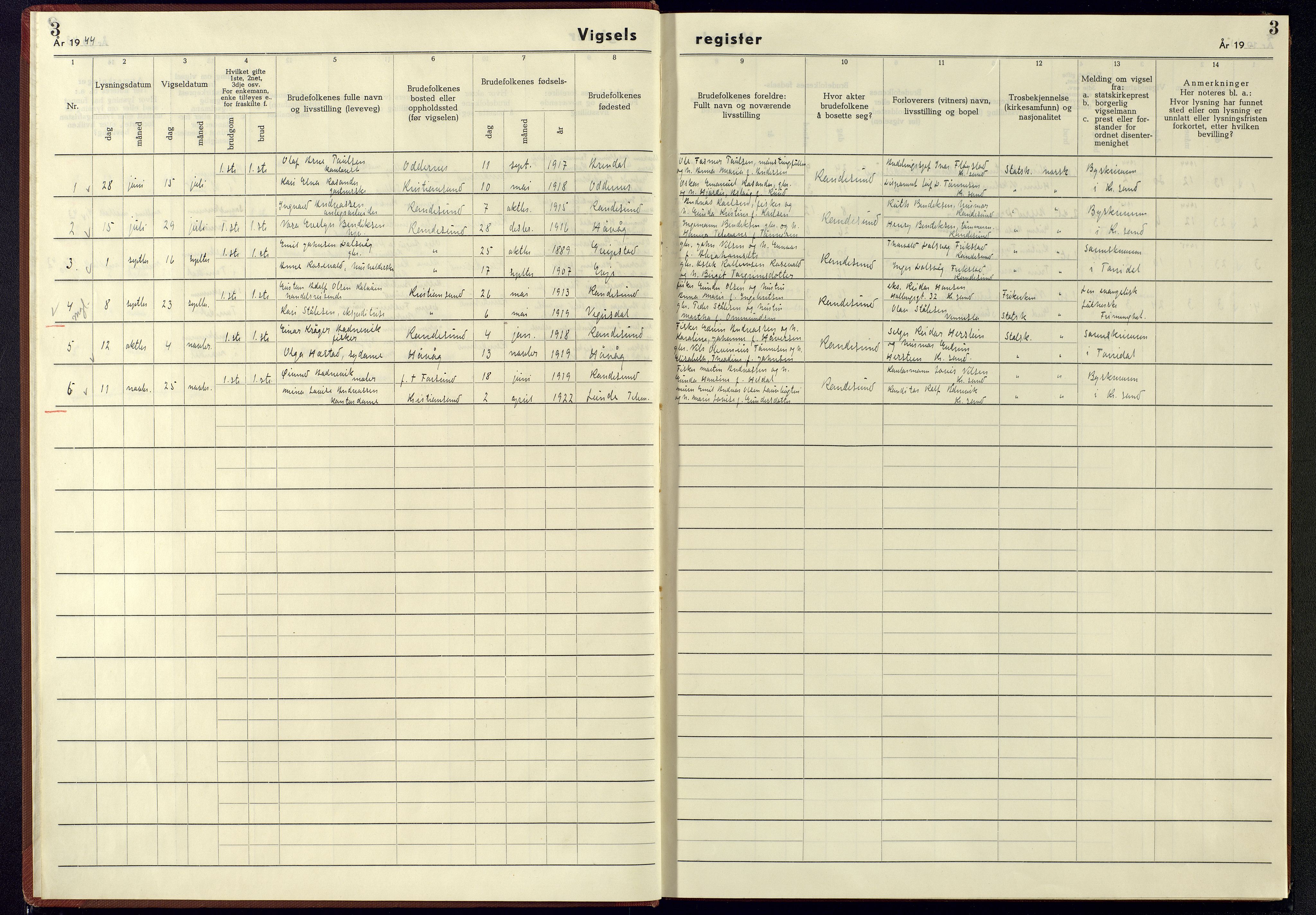 Oddernes sokneprestkontor, SAK/1111-0033/J/Jb/L0006: Marriage register no. 6, 1942-1945, p. 3