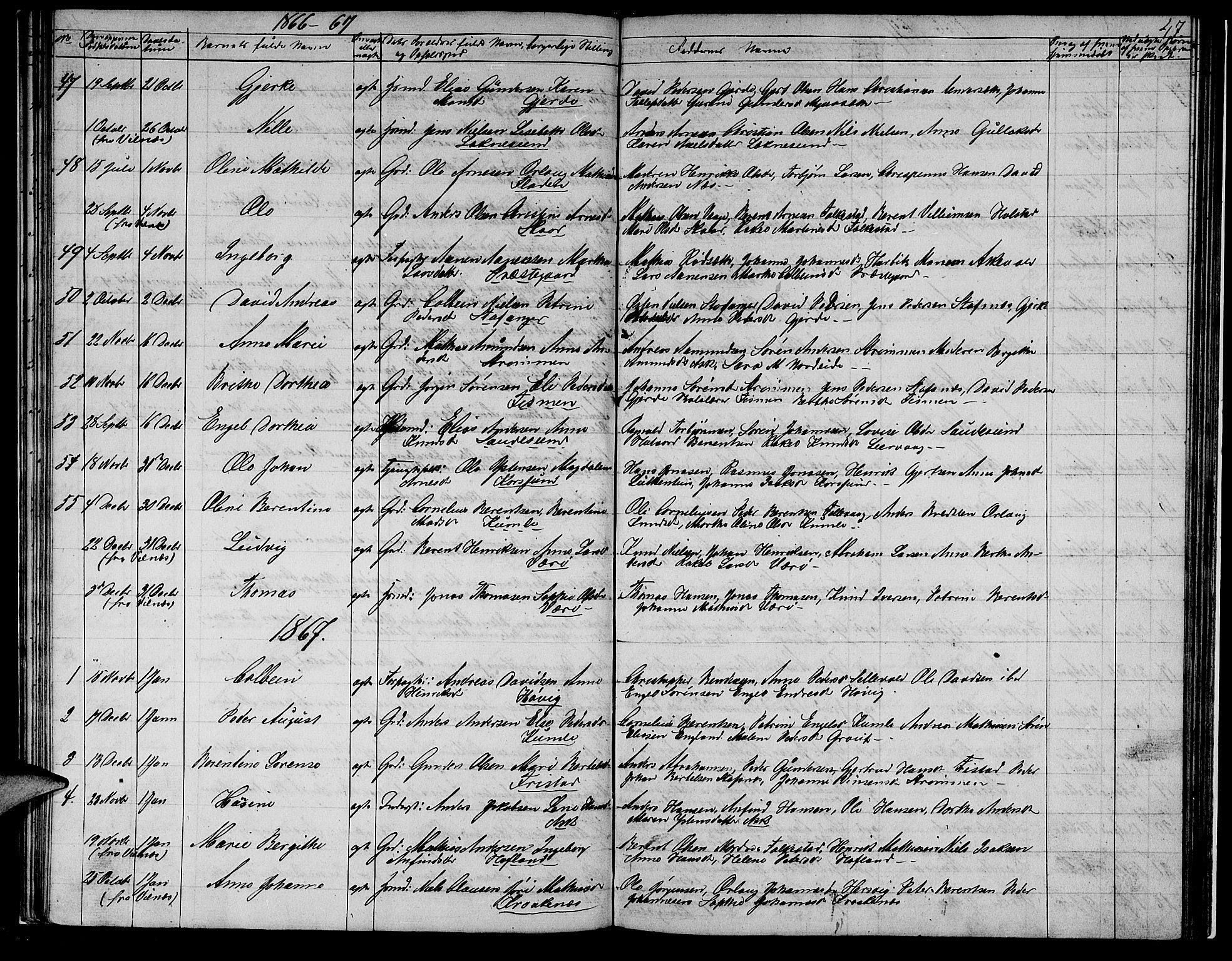 Askvoll sokneprestembete, SAB/A-79501/H/Hab/Haba/L0001: Parish register (copy) no. A 1, 1853-1872, p. 47