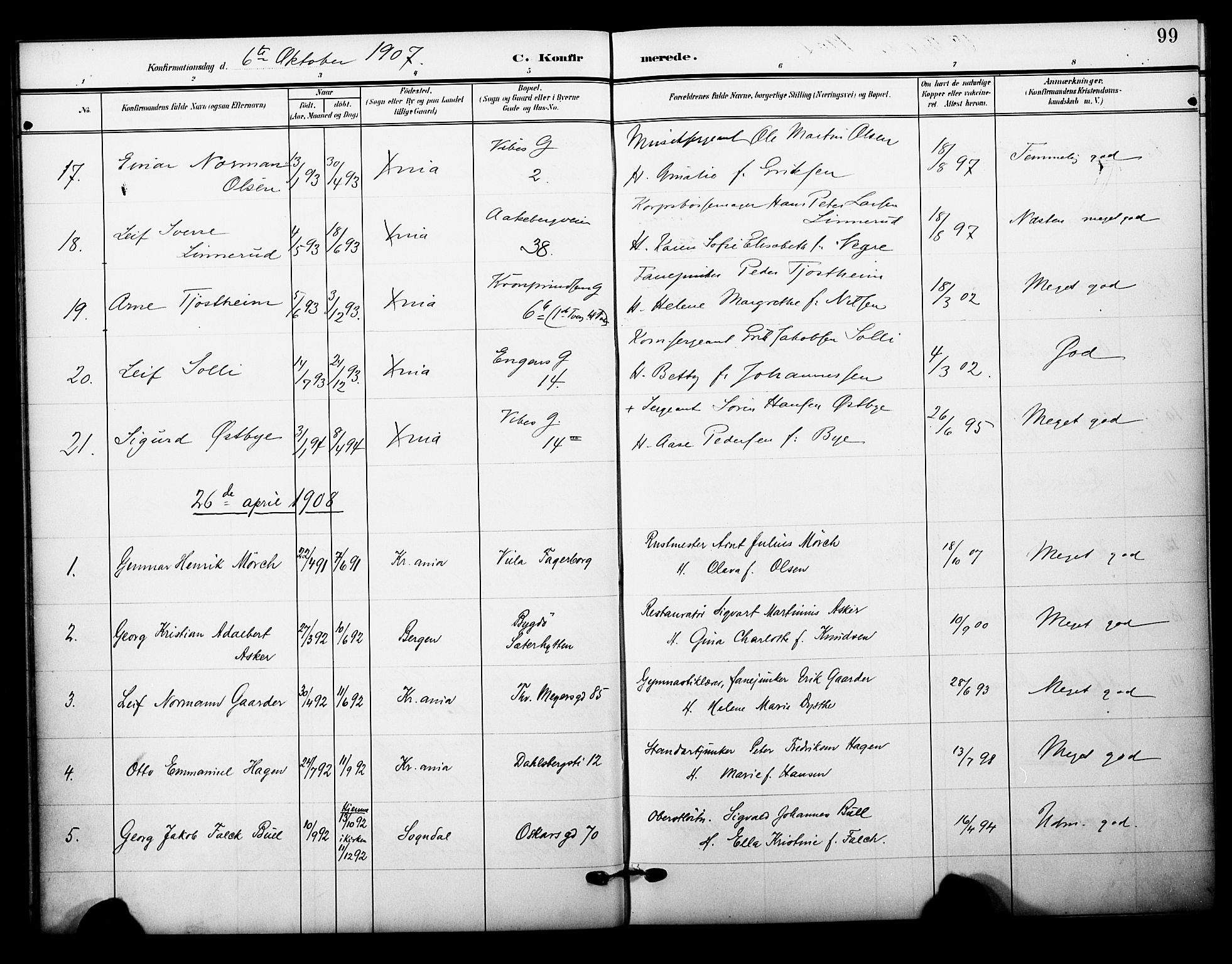 Garnisonsmenigheten Kirkebøker, SAO/A-10846/F/Fa/L0014: Parish register (official) no. 14, 1905-1914, p. 99