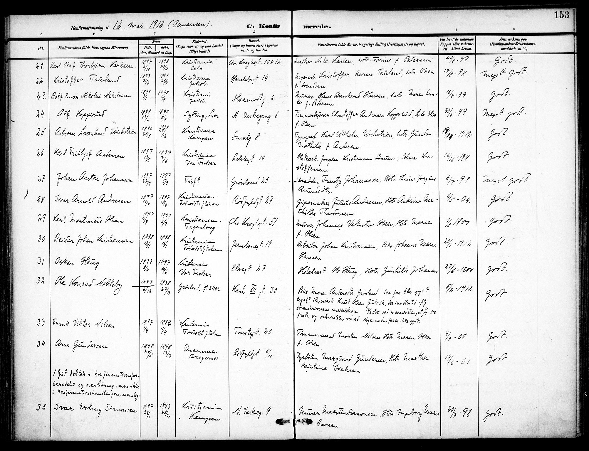 Vaterland prestekontor Kirkebøker, AV/SAO-A-10880/F/Fa/L0001: Parish register (official) no. 1, 1907-1930, p. 153