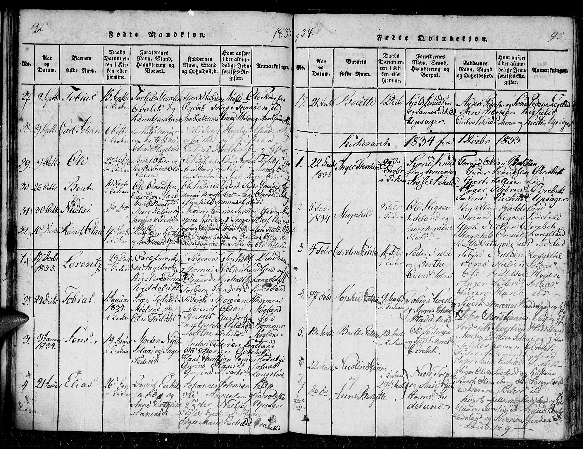 Holum sokneprestkontor, AV/SAK-1111-0022/F/Fa/Faa/L0004: Parish register (official) no. A 4, 1820-1849, p. 92-93