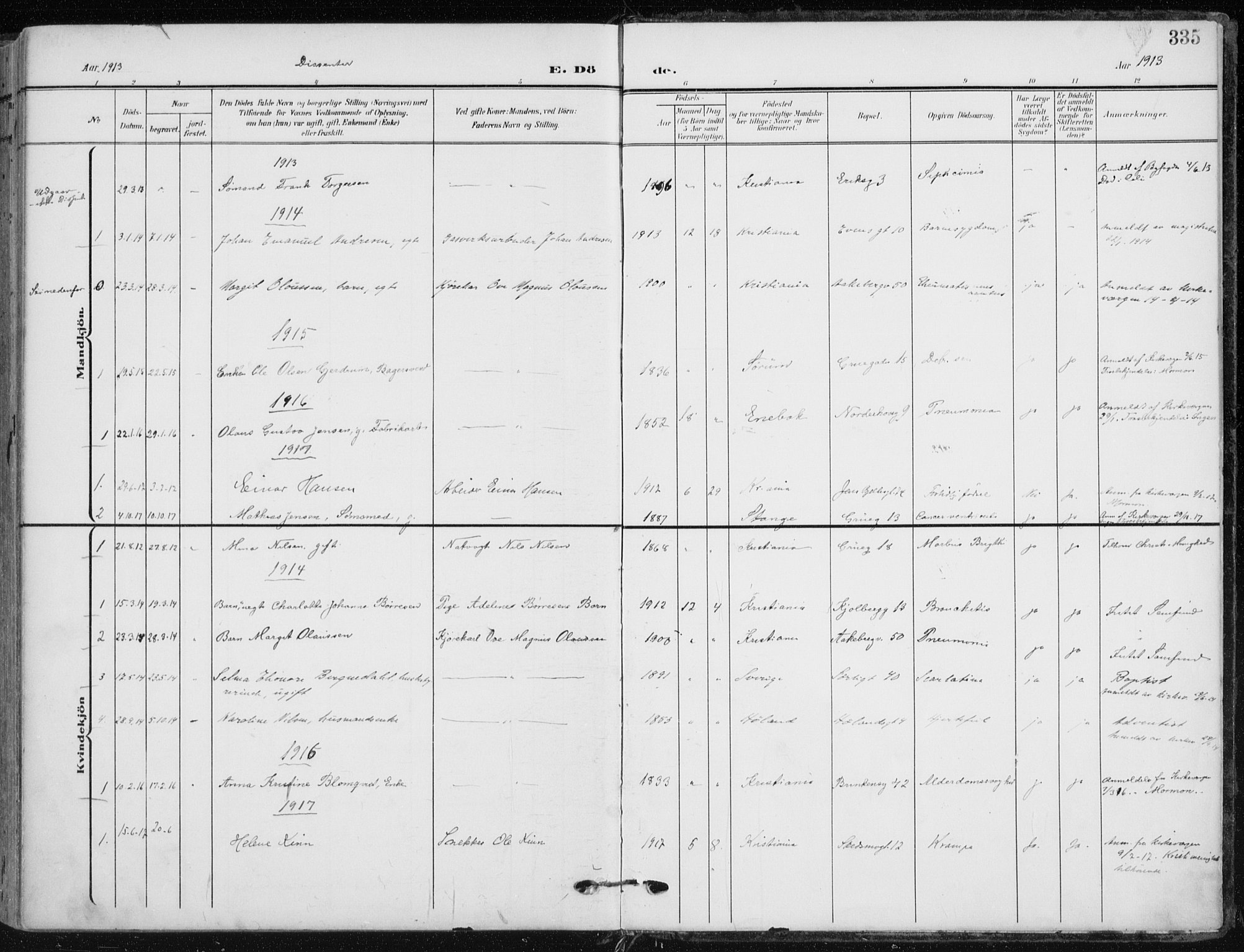 Kampen prestekontor Kirkebøker, SAO/A-10853/F/Fa/L0011: Parish register (official) no. I 11, 1907-1917, p. 335