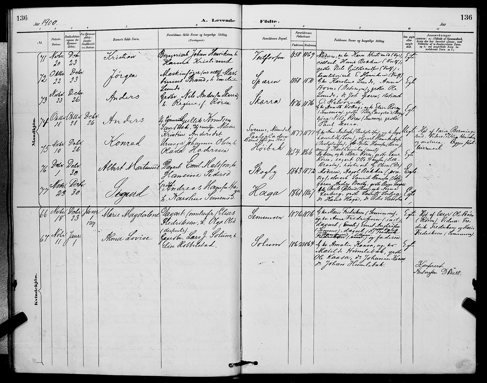 Eiker kirkebøker, SAKO/A-4/G/Ga/L0007: Parish register (copy) no. I 7, 1893-1902, p. 136