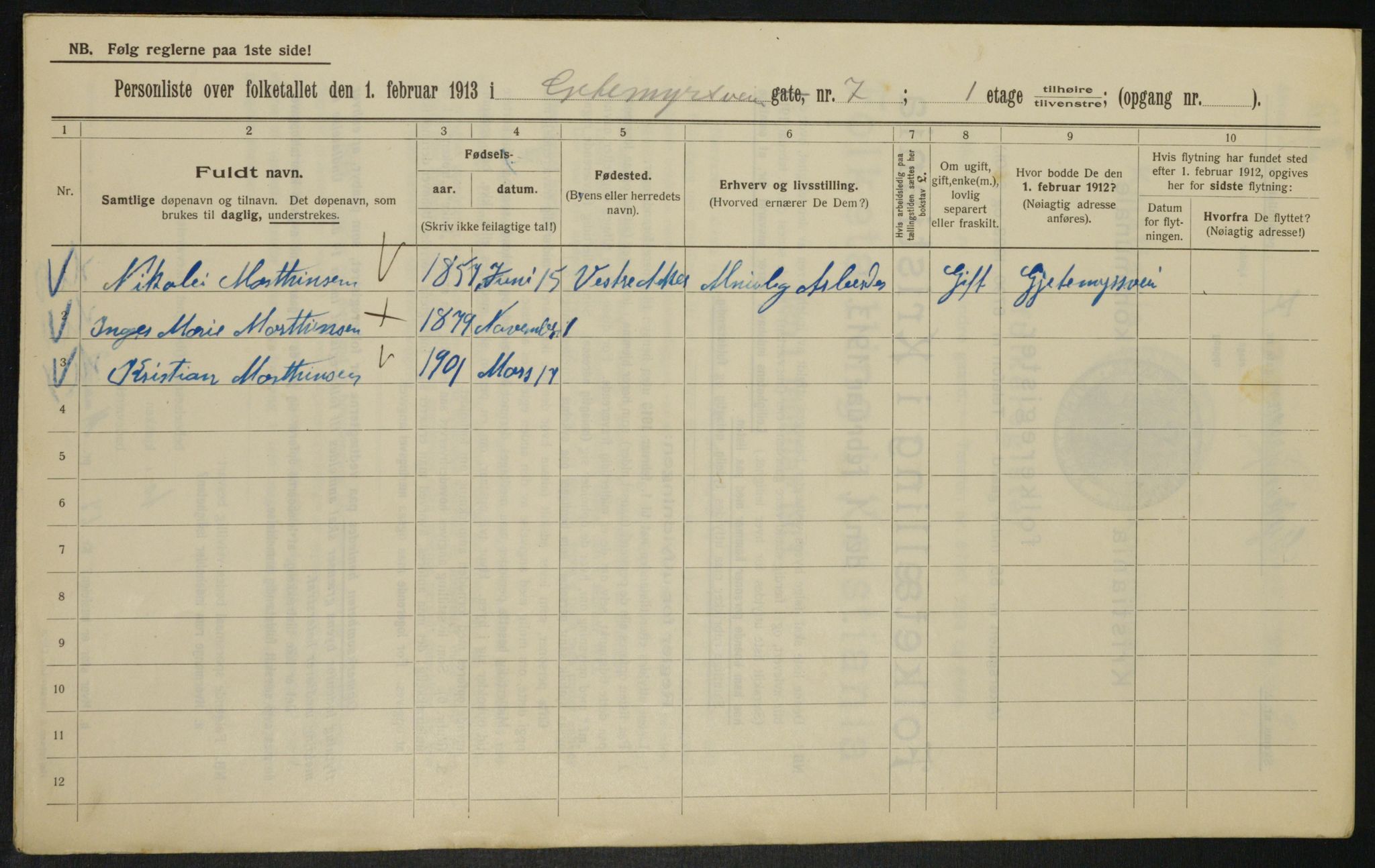 OBA, Municipal Census 1913 for Kristiania, 1913, p. 28854