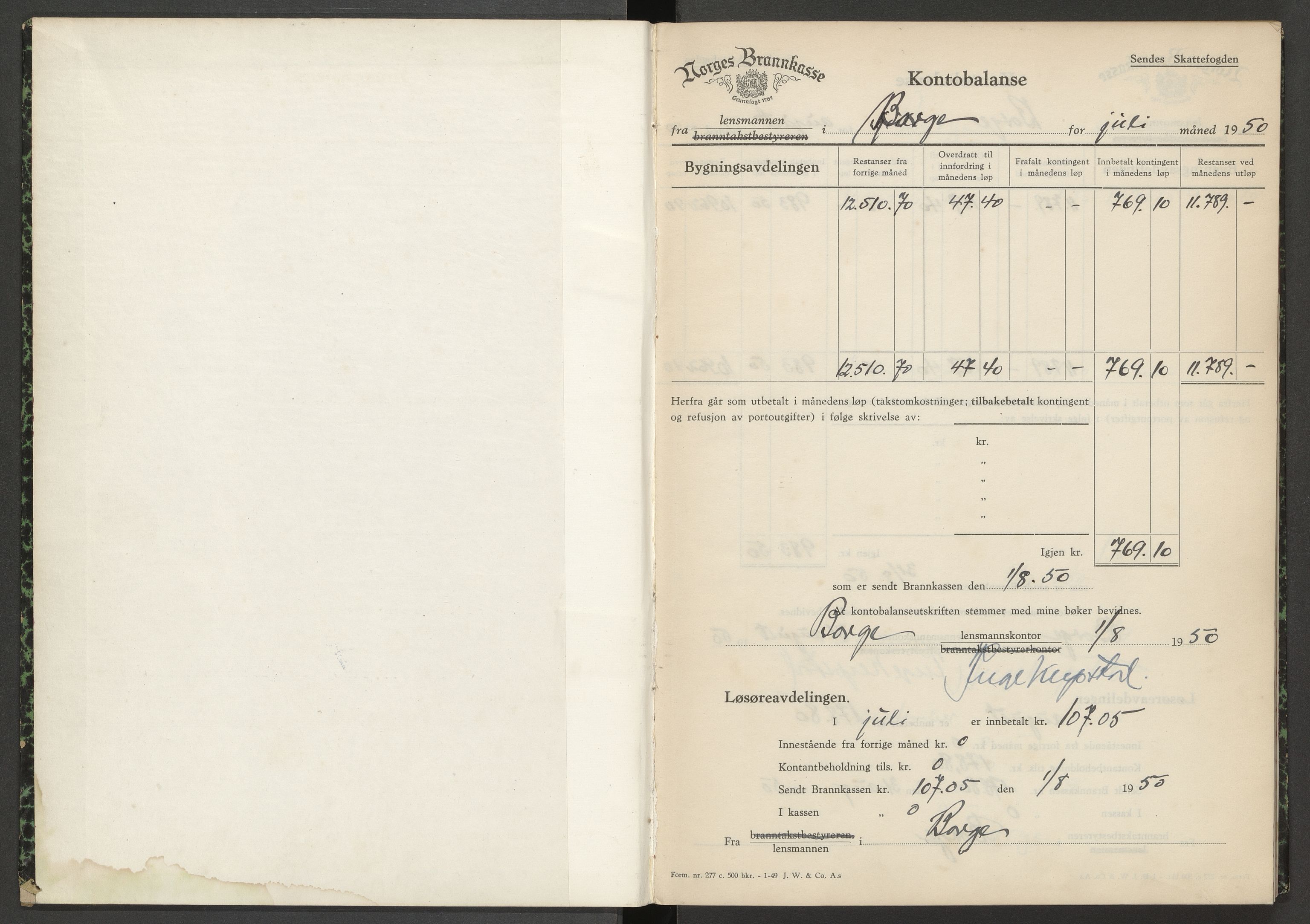 Norges Brannkasse Borge, AV/SAT-A-5600/BT/L0018: Kontobalanse, 1950-1951