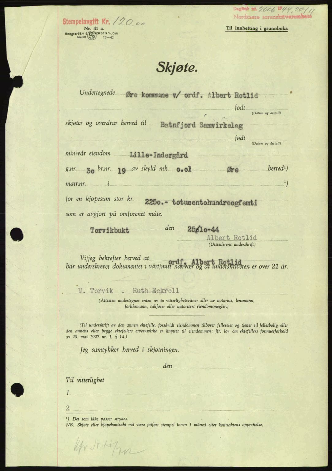 Nordmøre sorenskriveri, AV/SAT-A-4132/1/2/2Ca: Mortgage book no. A98, 1944-1944, Diary no: : 2006/1944