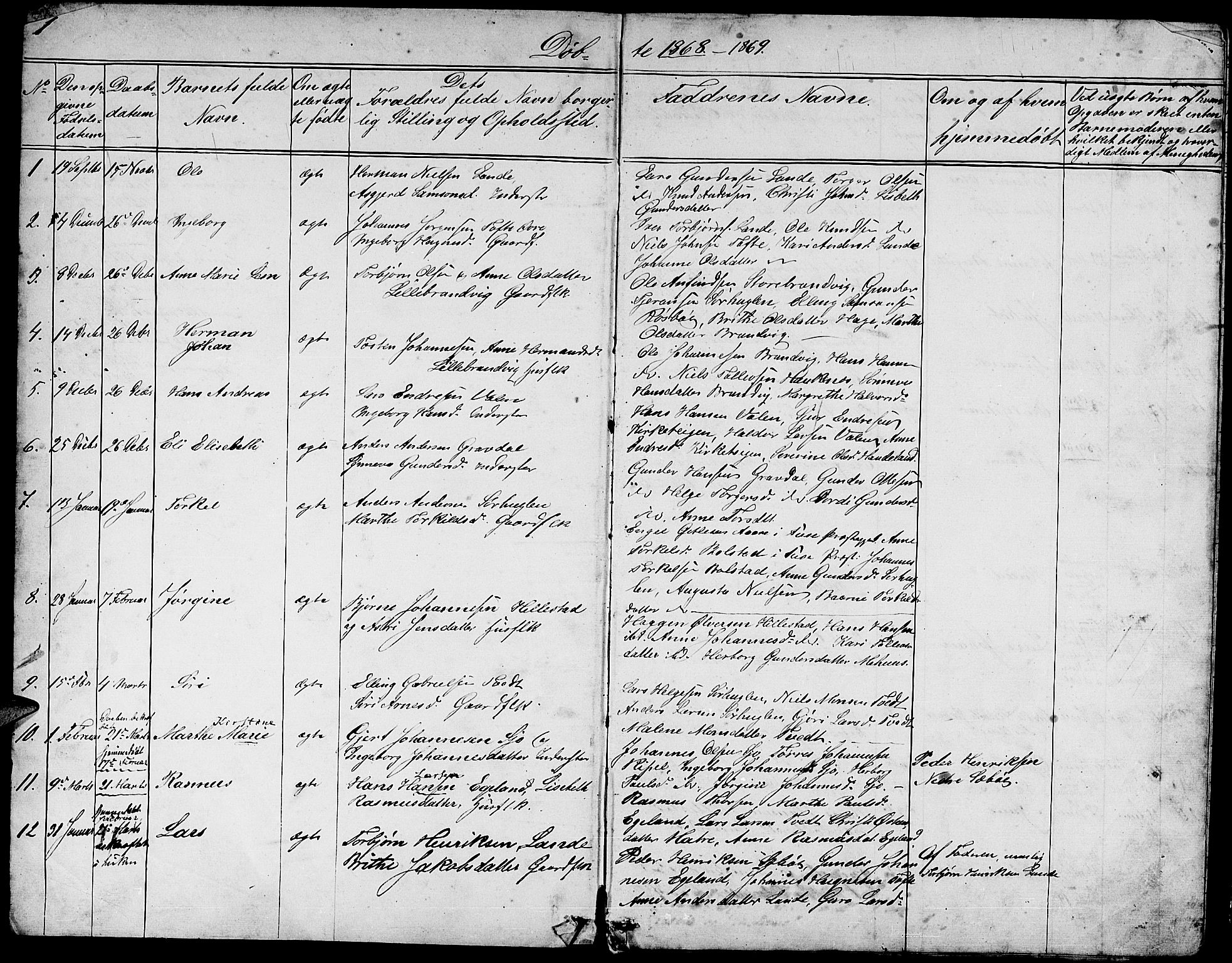 Fjelberg sokneprestembete, SAB/A-75201/H/Hab: Parish register (copy) no. B 3, 1868-1888, p. 1