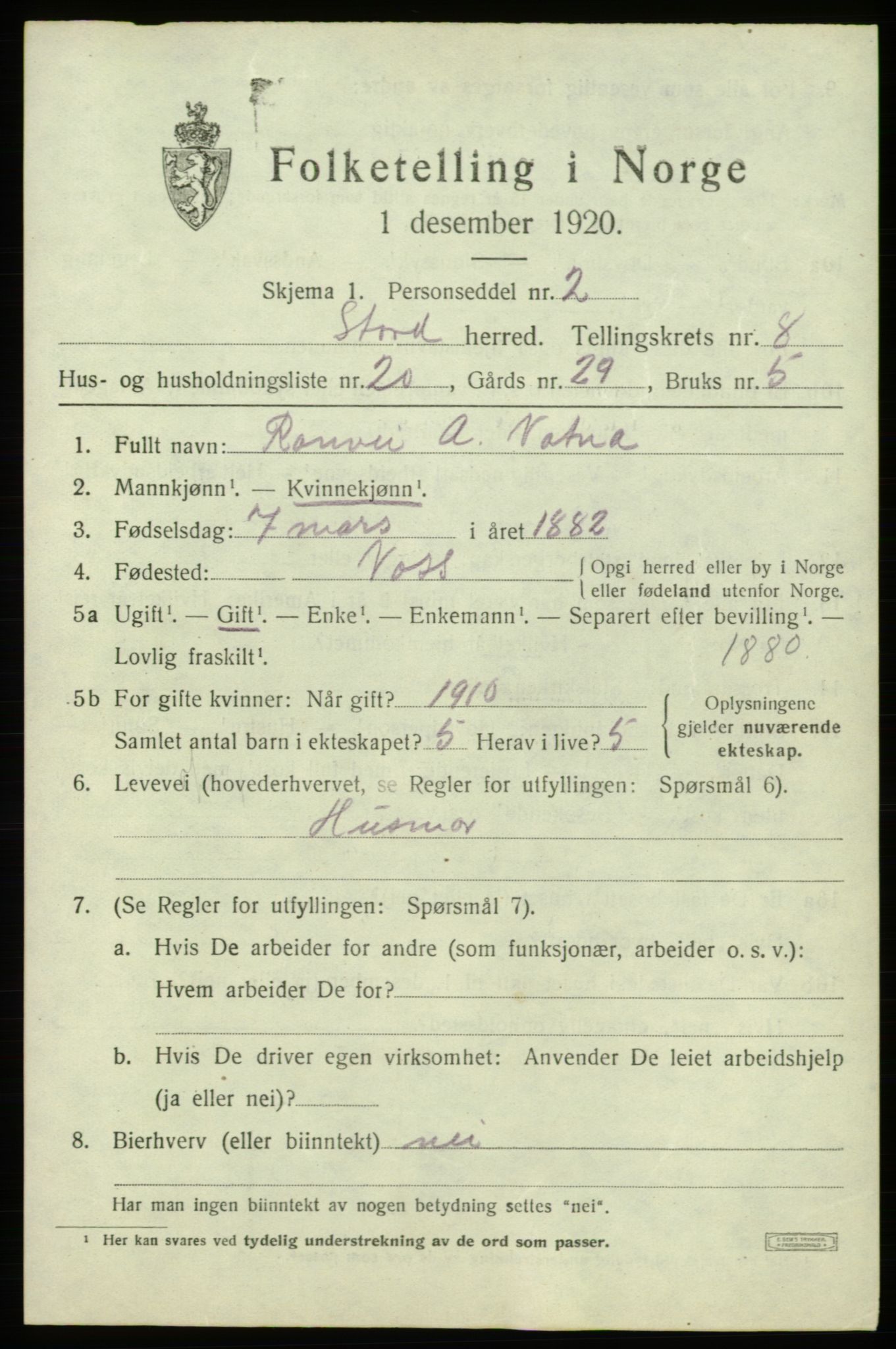 SAB, 1920 census for Stord, 1920, p. 4699