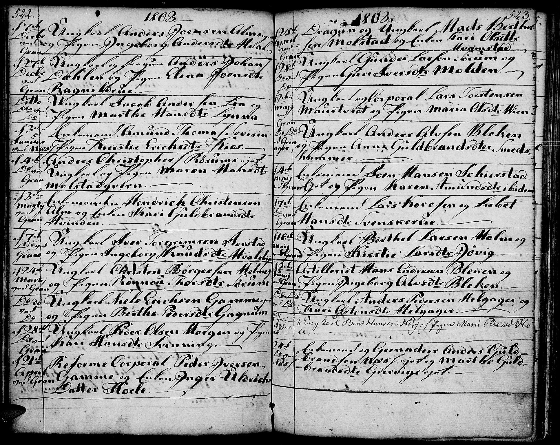 Gran prestekontor, SAH/PREST-112/H/Ha/Haa/L0006: Parish register (official) no. 6, 1787-1824, p. 522-523