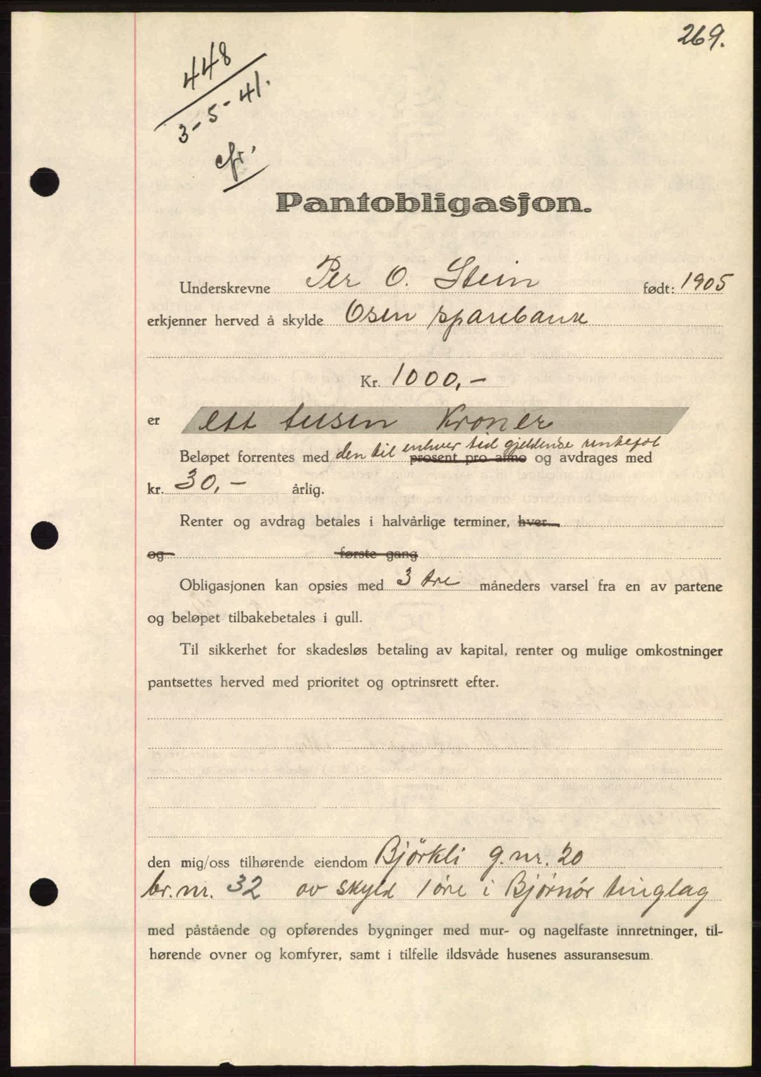 Fosen sorenskriveri, AV/SAT-A-1107/1/2/2C: Mortgage book no. 84-85, 1941-1942, Diary no: : 448/1941