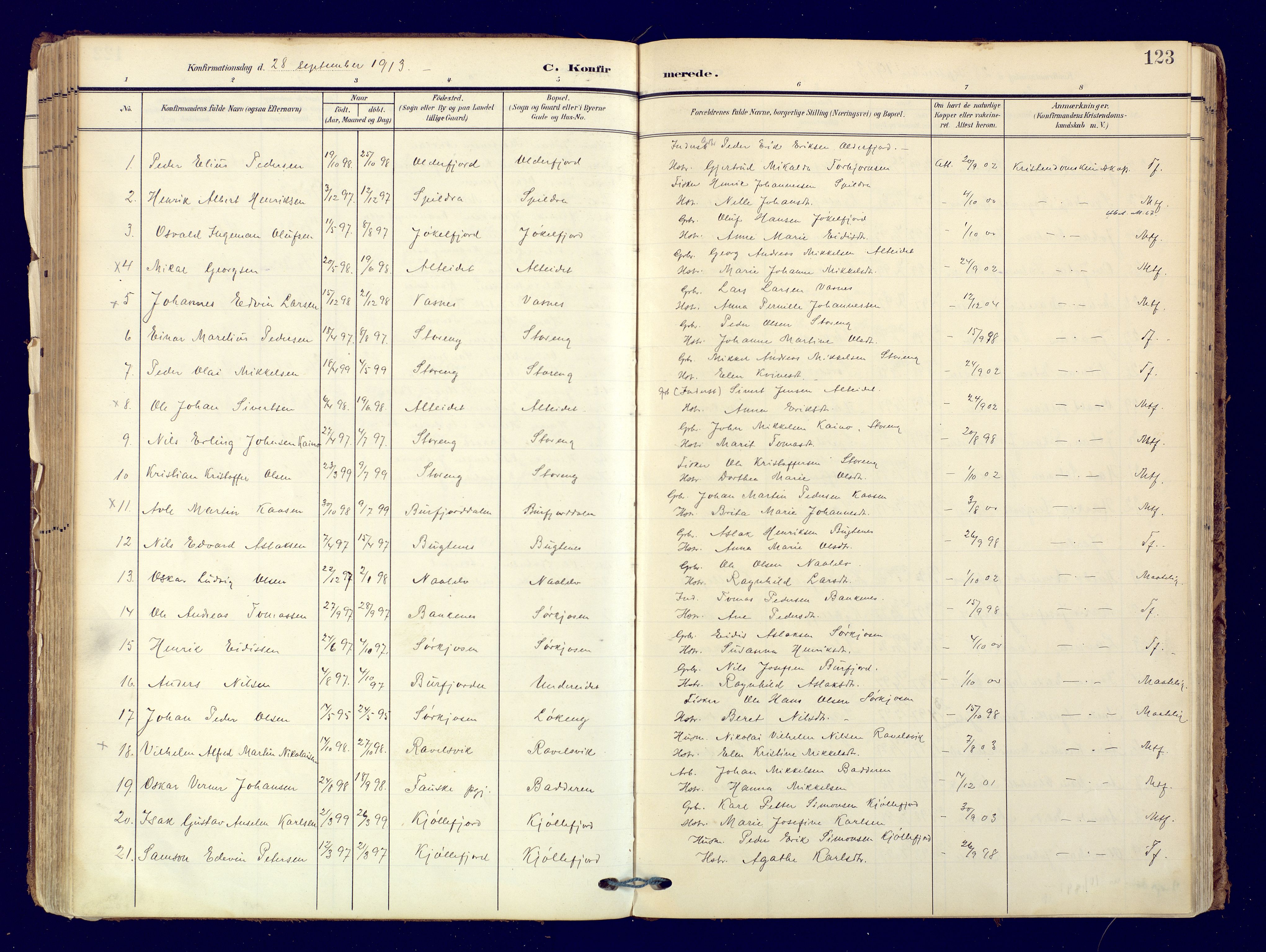 Skjervøy sokneprestkontor, AV/SATØ-S-1300/H/Ha/Haa: Parish register (official) no. 19, 1908-1936, p. 123