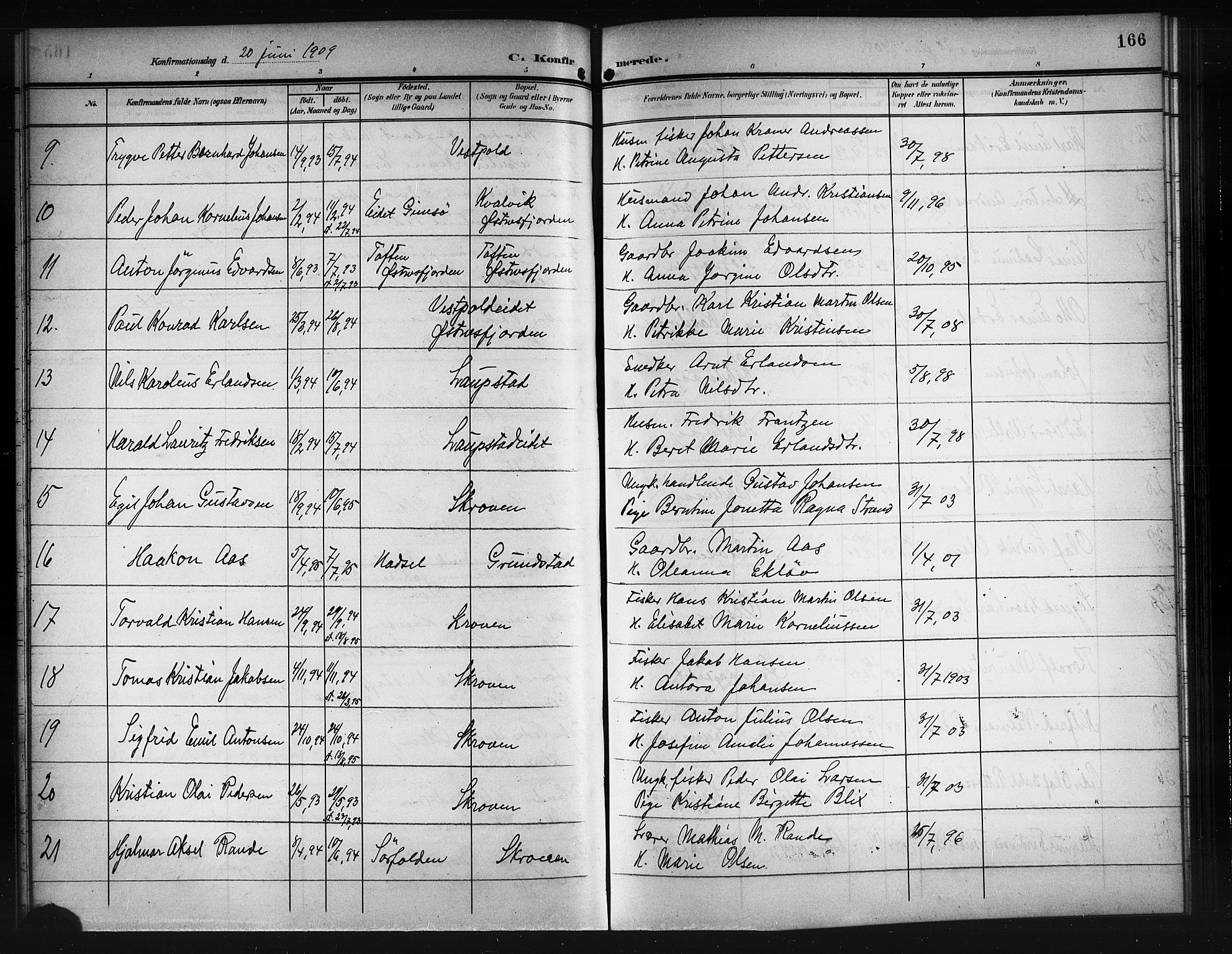 Ministerialprotokoller, klokkerbøker og fødselsregistre - Nordland, SAT/A-1459/874/L1079: Parish register (copy) no. 874C08, 1907-1915, p. 166