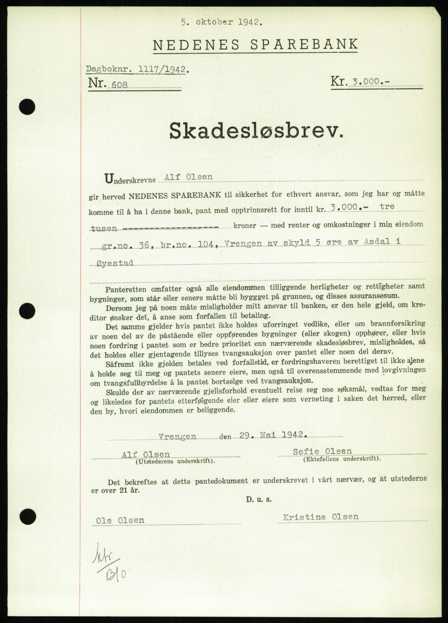 Nedenes sorenskriveri, AV/SAK-1221-0006/G/Gb/Gbb/L0002: Mortgage book no. II, 1942-1945, Diary no: : 1117/1942