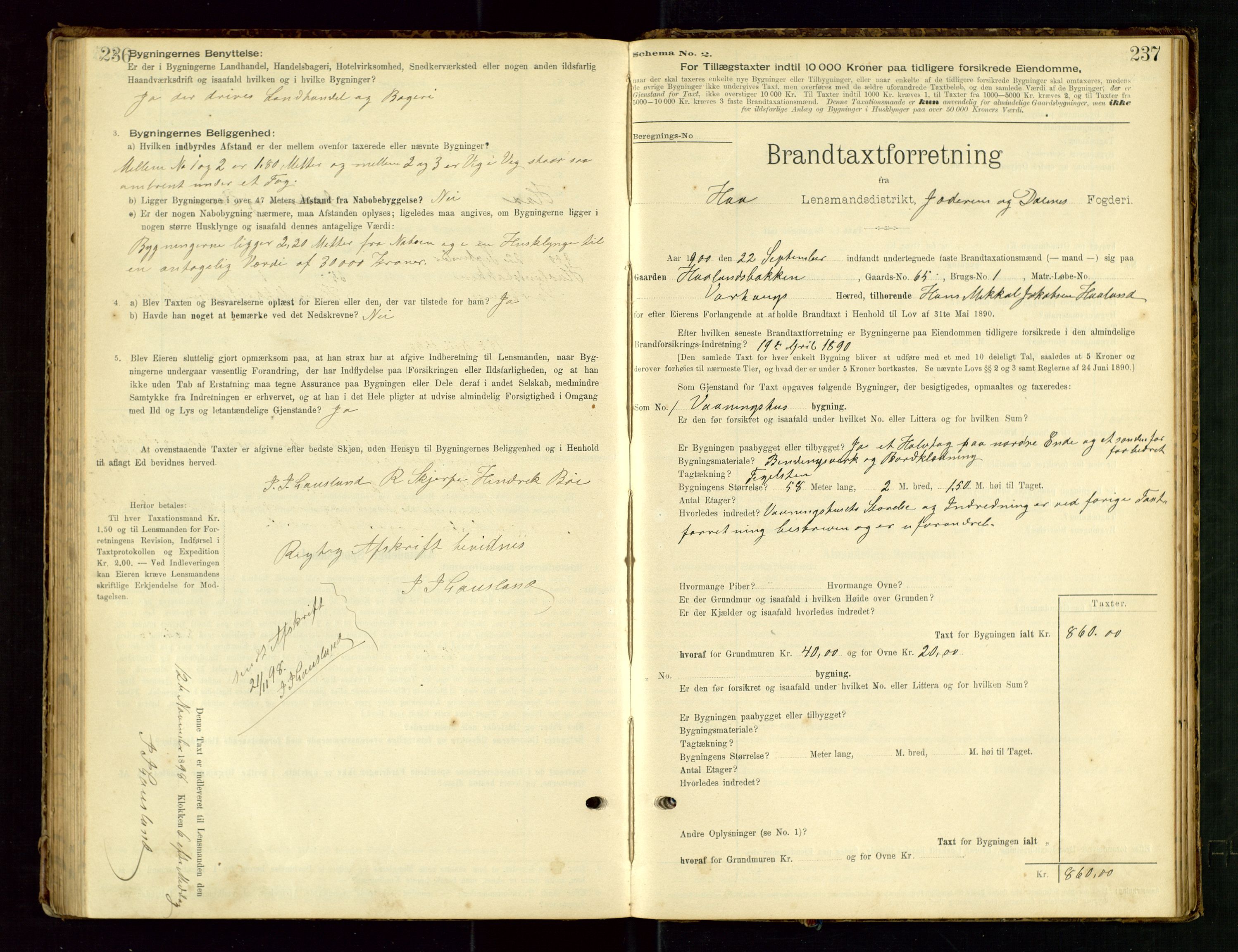 Hå lensmannskontor, SAST/A-100456/Goa/L0003: Takstprotokoll (skjema), 1895-1911, p. 236-237