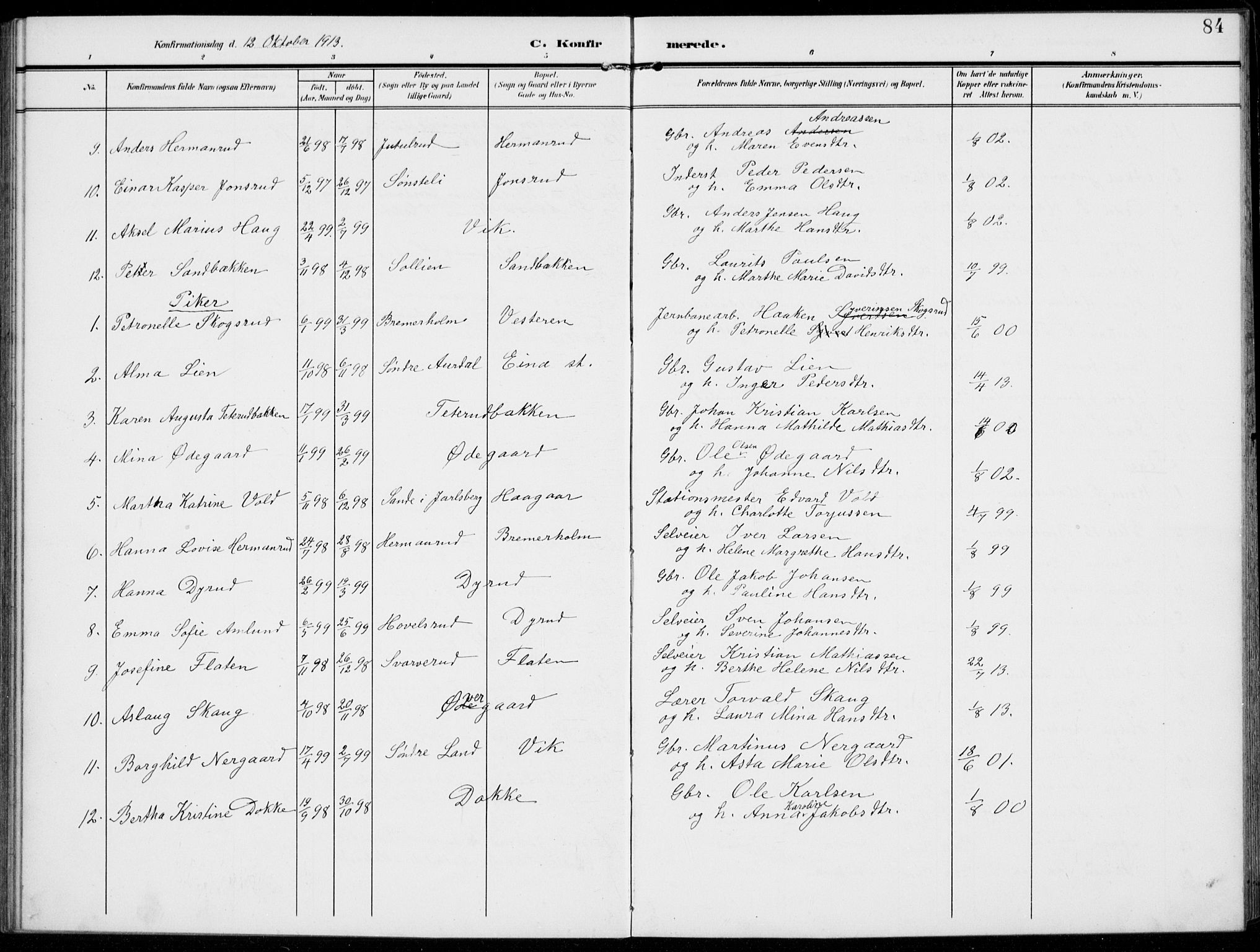Kolbu prestekontor, SAH/PREST-110/H/Ha/Haa/L0001: Parish register (official) no. 1, 1907-1923, p. 84