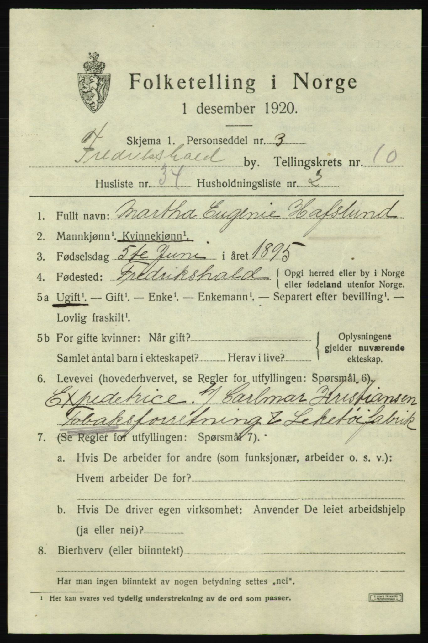 SAO, 1920 census for Fredrikshald, 1920, p. 18497