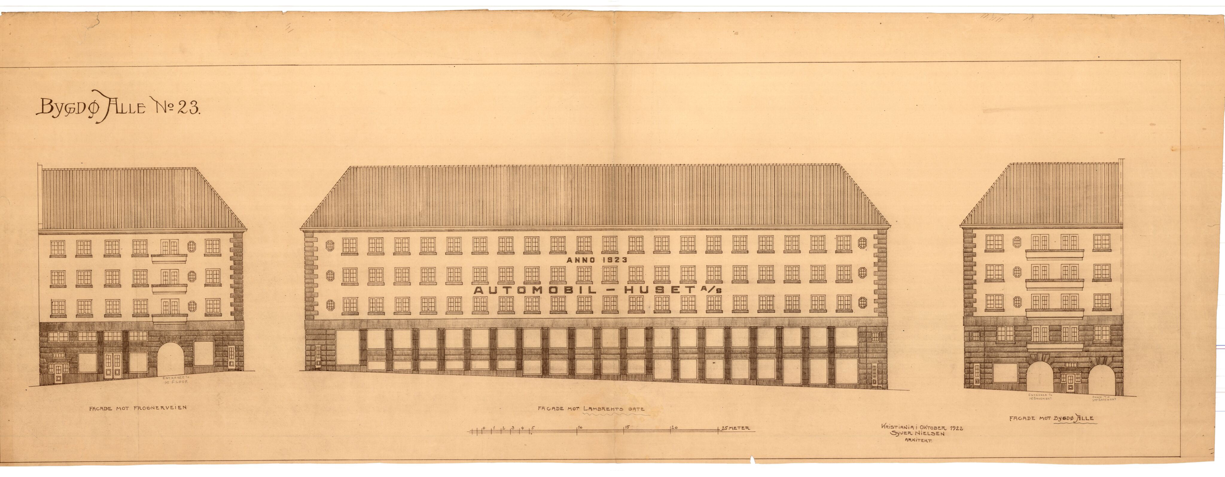 Syver Nielsen Arkitekt, OBA/A-70230/T/L0002/0001: Bygdøy allé 23, ikke gjennomført prosjekt for automobilhotell / Fasader, 1922, p. 1