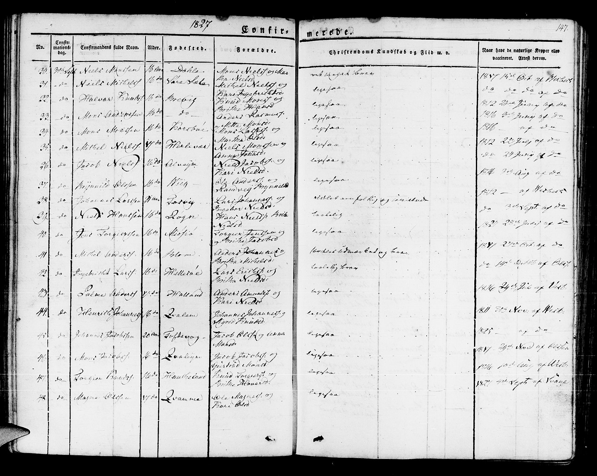 Manger sokneprestembete, AV/SAB-A-76801/H/Haa: Parish register (official) no. A 4, 1824-1838, p. 147