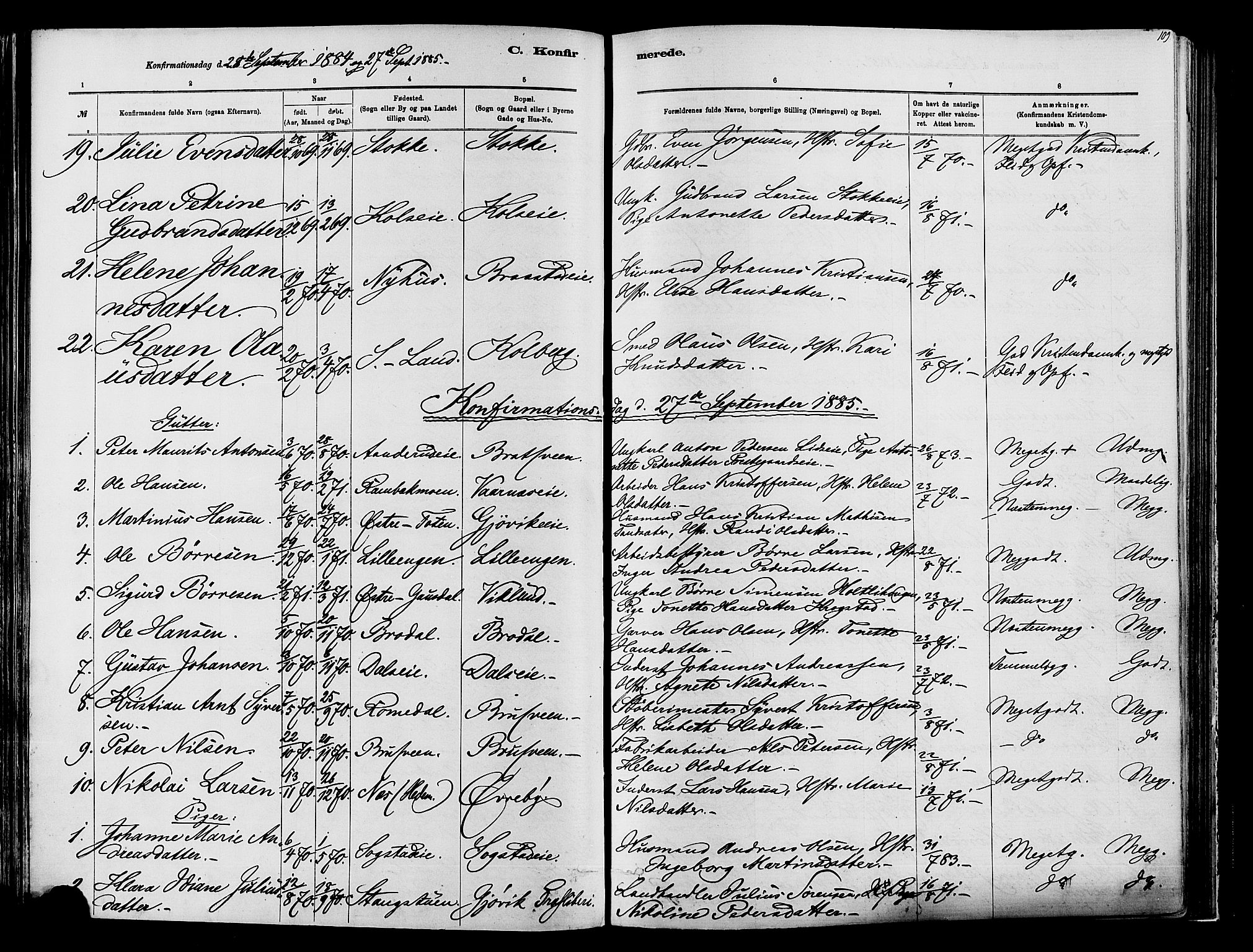 Vardal prestekontor, SAH/PREST-100/H/Ha/Haa/L0009: Parish register (official) no. 9, 1878-1892, p. 109